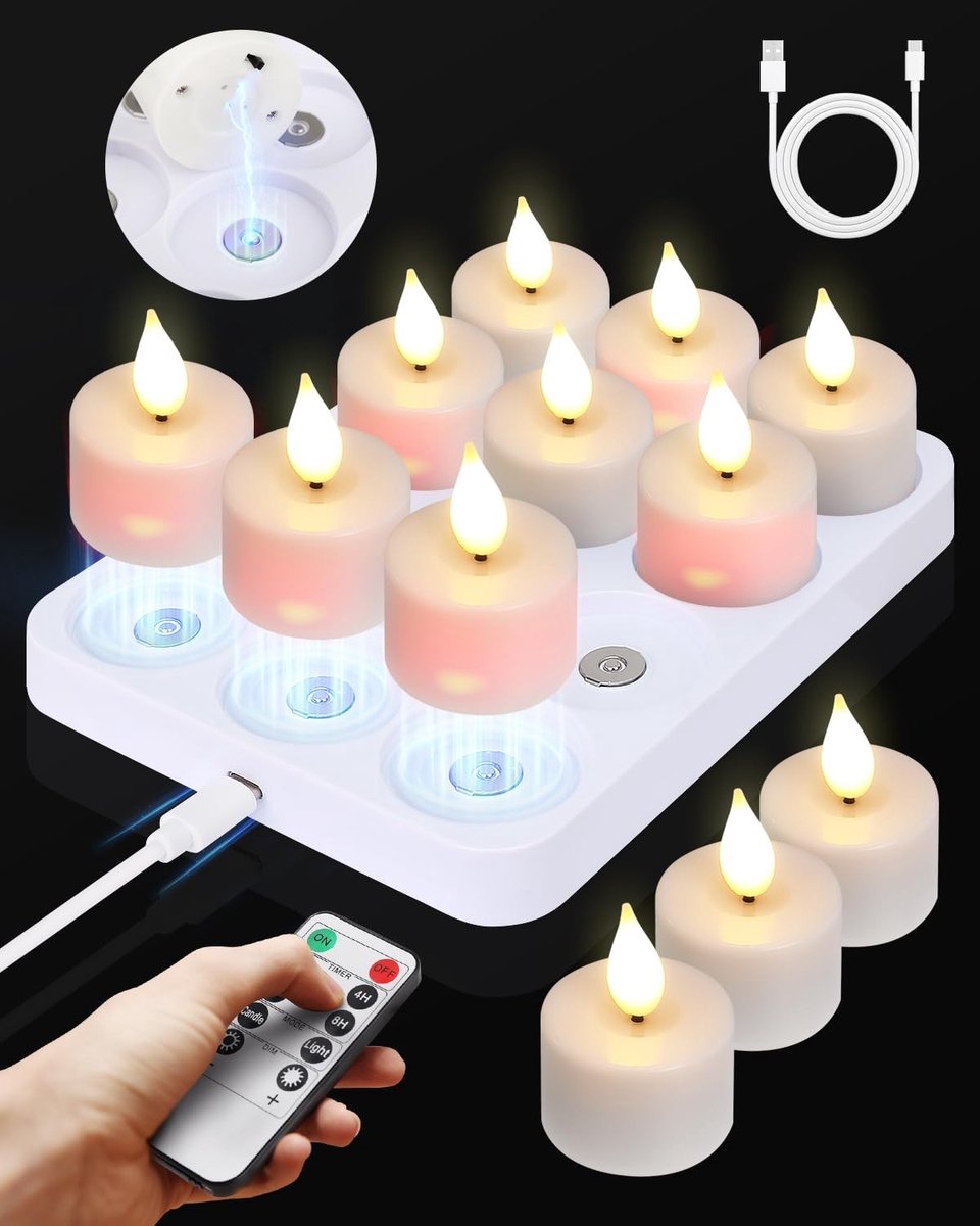 Omgoods - LED Kaarsen Set van 12 met Magnetische Oplaadfunctie en Afstandsbediening