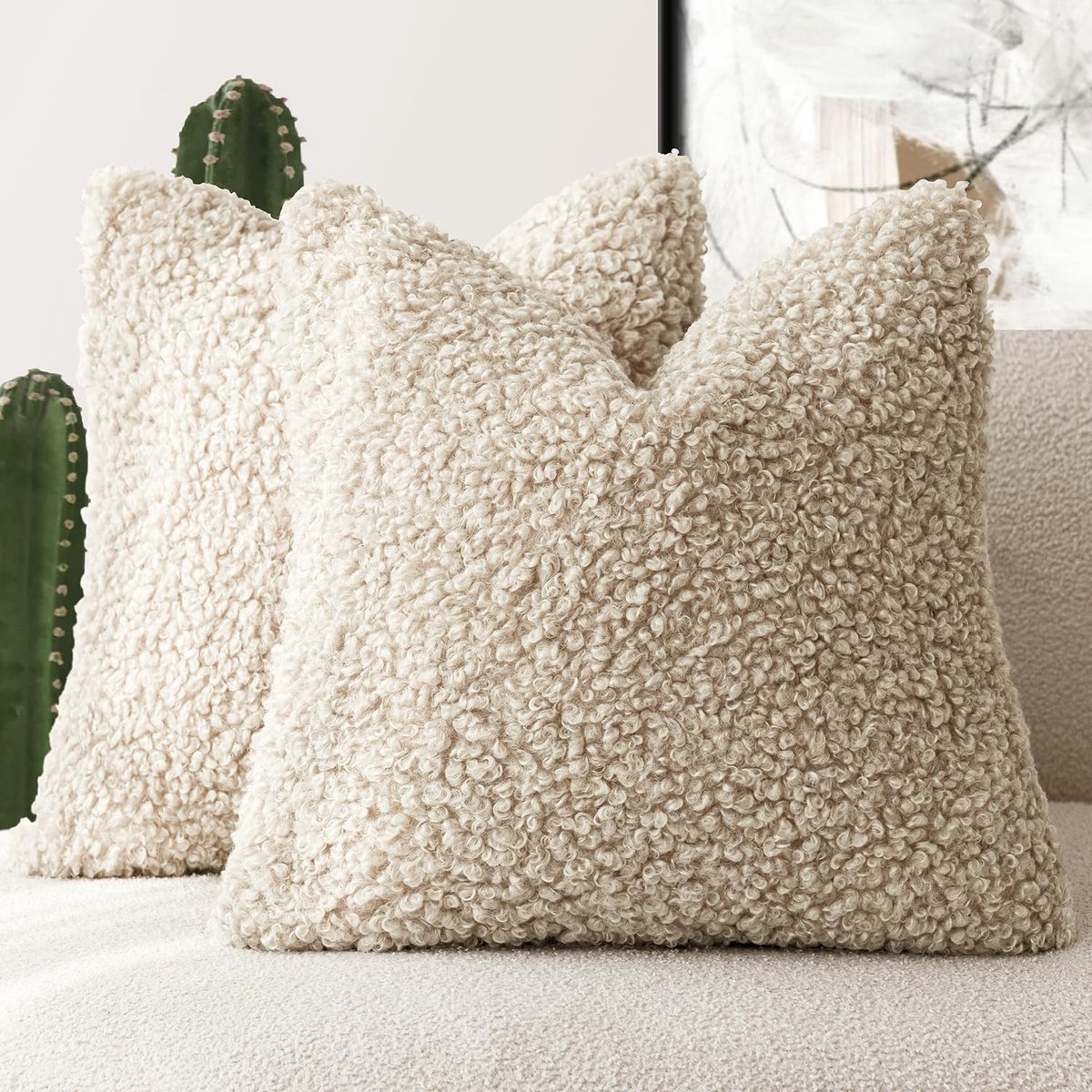 Omgoods - Set van 2 Faux Fur Kussenhoezen 45 x 45 cm - Licht Khaki Sherpa Accent Kussens