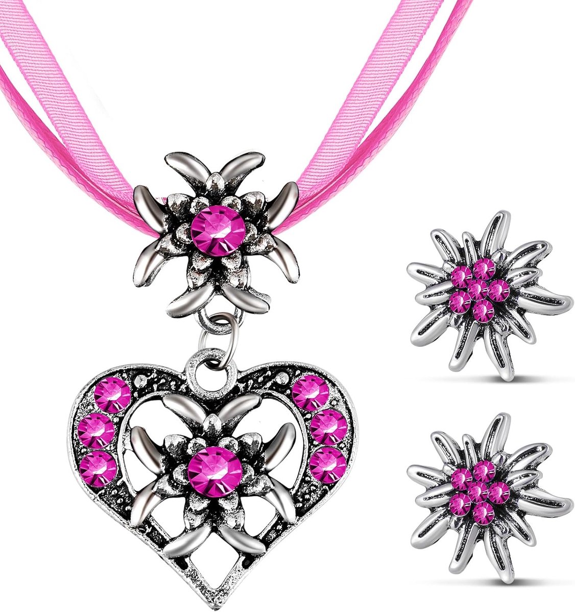 Sieradenset van Edelweiss, 3-delige set fantasiejuwelen, Beierse Dirndl-sieraden, halsketting met hartvormige hanger, Edelweiss-oorbellen, voor traditioneel bierfeest