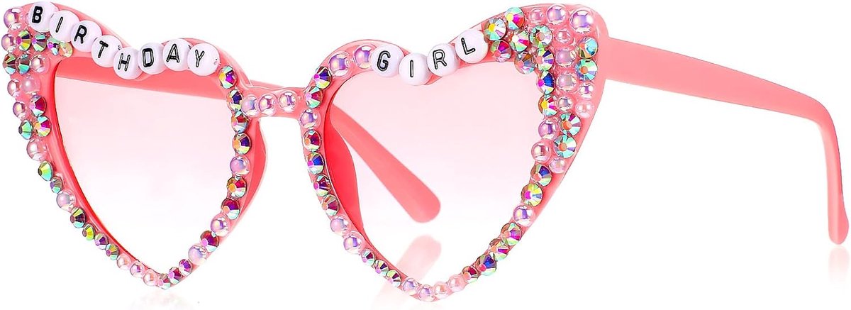 Verjaardagshartbril voor dames, roze zonnebril, verjaardagscadeaus, strass-zonnebril voor verjaardagsfeesten
