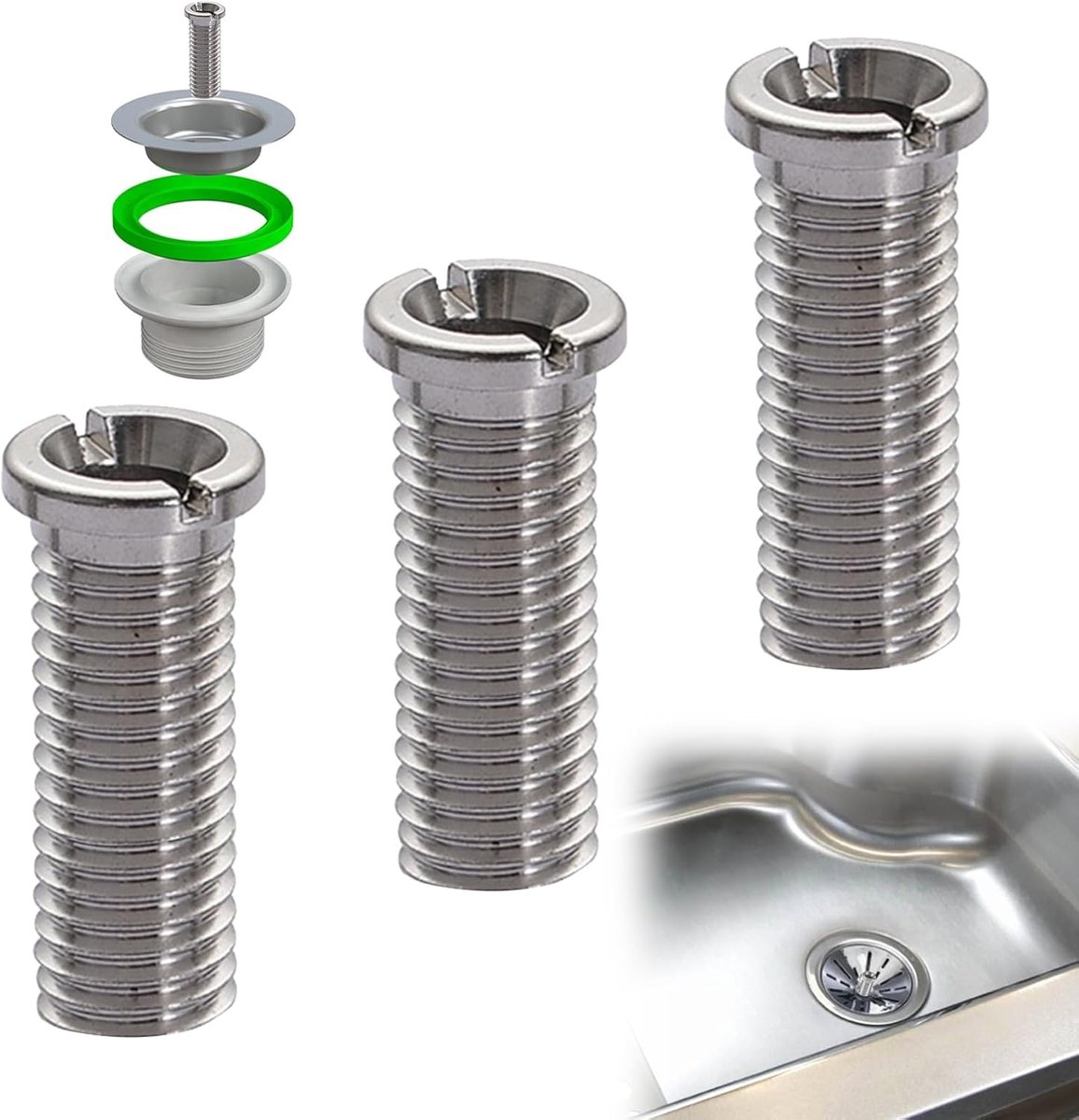 3 stuks roestvrijstalen spoelbakschroef M12 x 35 mm, betrouwbare afdichting, spoelbak, reserveonderdelen voor keukenspoelbakken, zeefkorfventiel, afvoerventiel, roestvrij staal, afvoerzeef, schroeven,