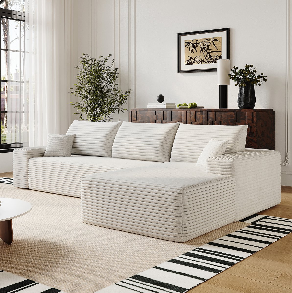 FloraGrace Hoekbank 270 Cm - 3-Zits Met L-Vormige Chaise Longue - Zonder Montage, Met Diepe Zit En Zachte Ribstof - Voor Woonkamer, Slaapkamer En Appartement - Wit