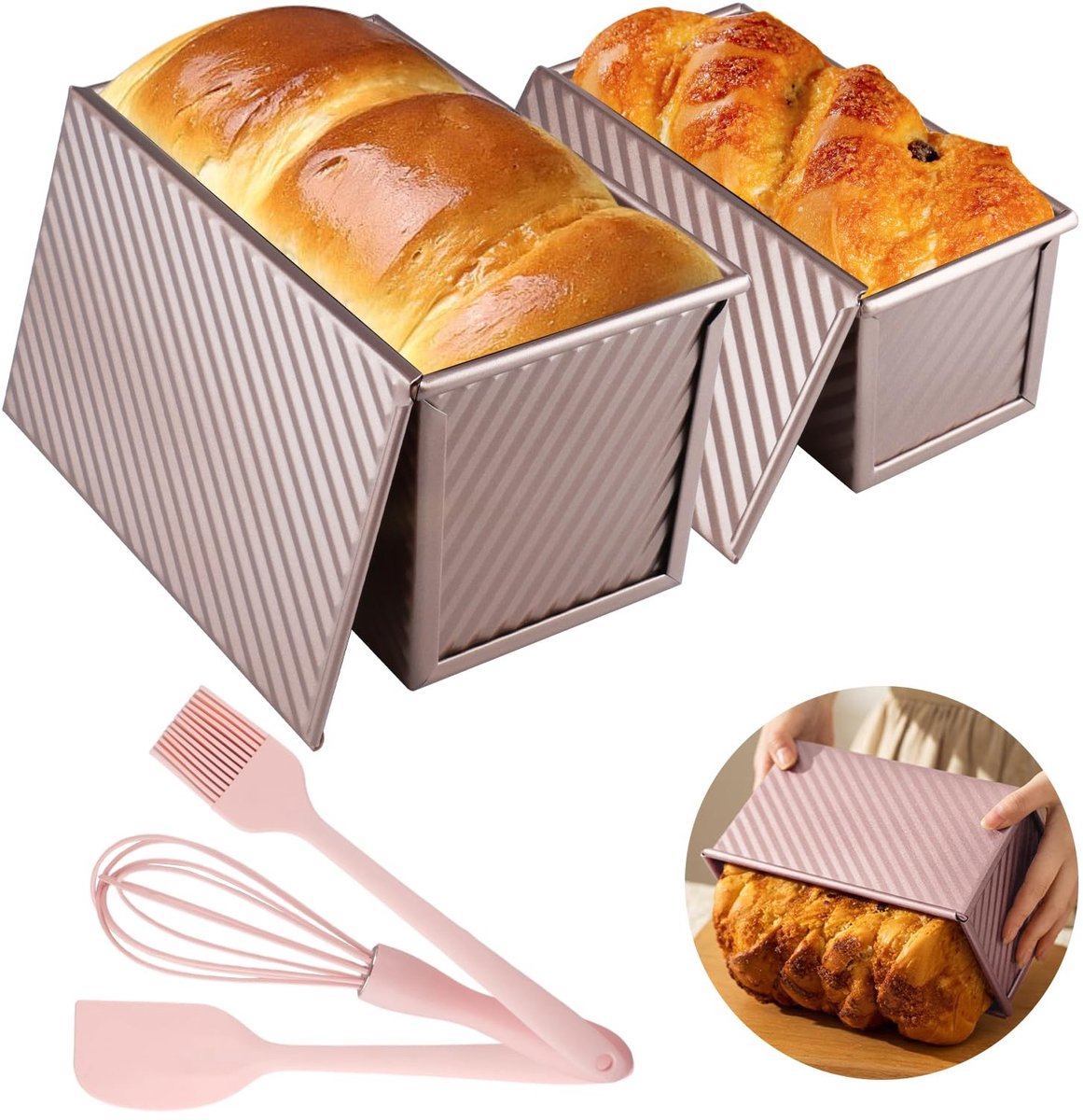 Omgoods - 2 Stuks Broodvorm met Deksel - Non-Stick Ribbed, Roze Goud