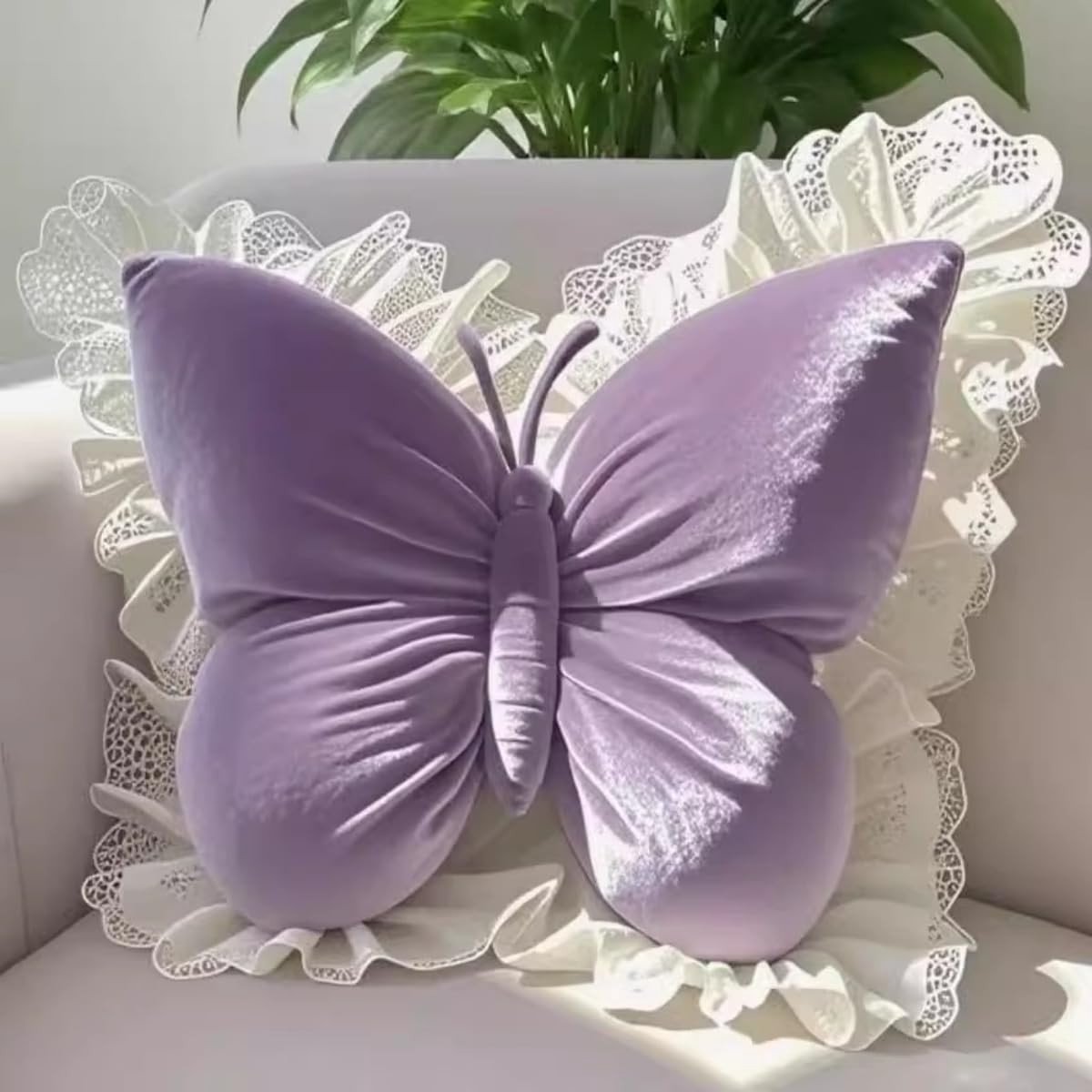 Omgoods - Butterfly Lace Pluche Kussen - Lumbar Support Kussen voor Sofa en Auto