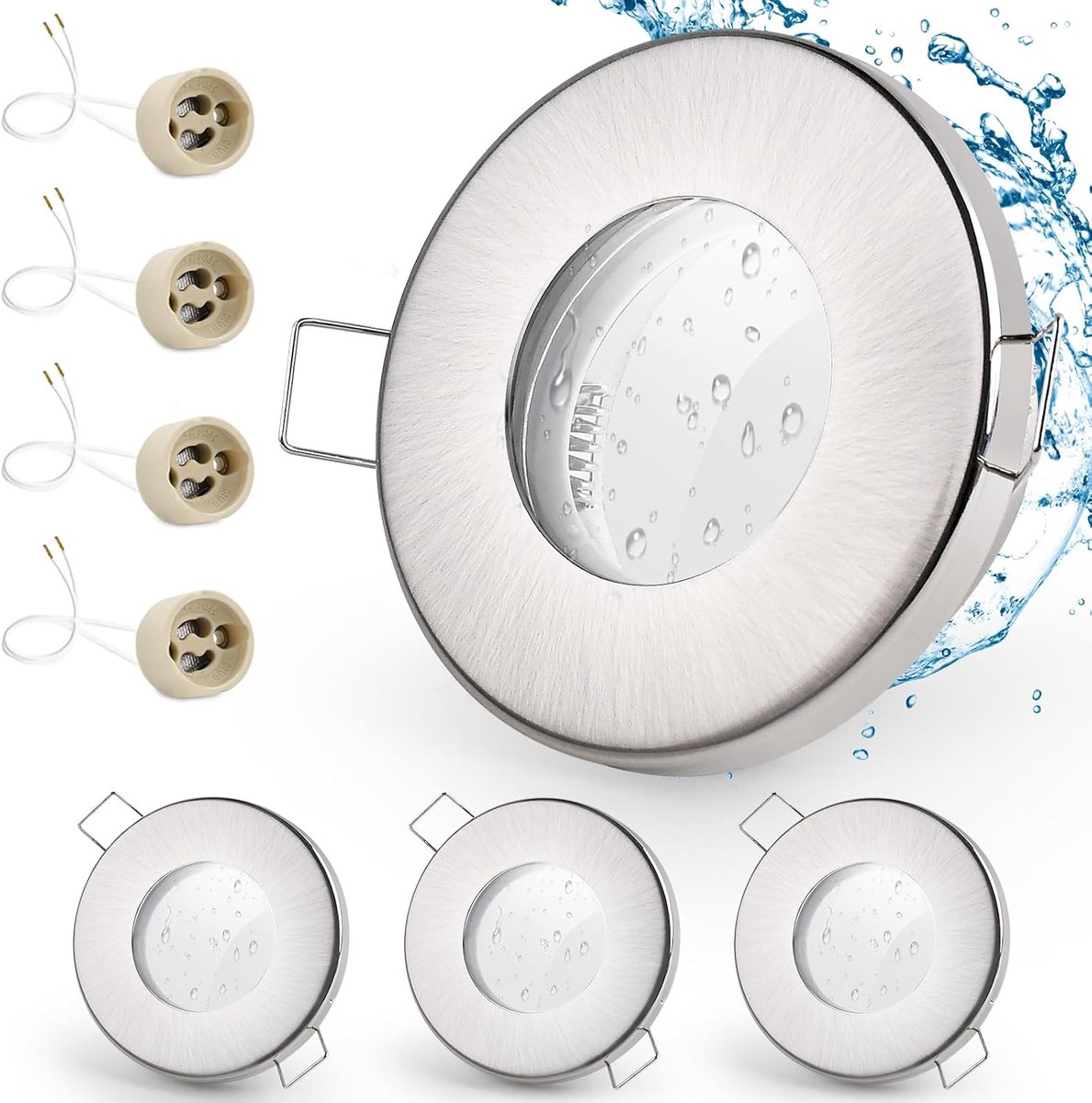 4 x Led-inbouwspot IP65 inclusief GU10 houder, draaibaar LED-spot, ijzer, geborsteld nikkel, badkamer inbouwrames, rond vlak, inbouwspots, gatmaat 68 mm voor buiten - binnengebieden