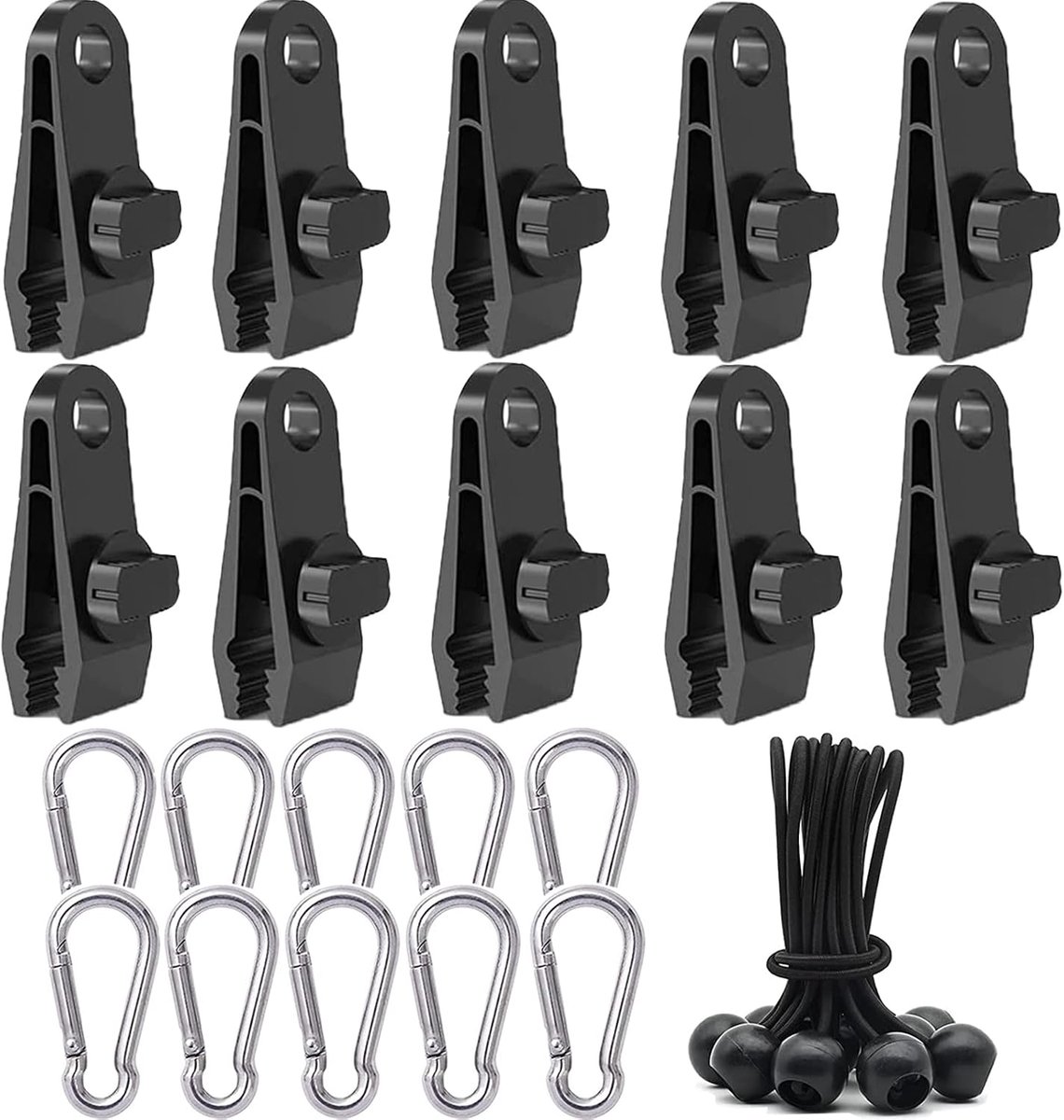 Tentzeilclips, multifunctionele tentklem, set krokodil, mond-clip, campingaccessoires, tent met gebonden touwen en 3 karabijnhaken voor tenten