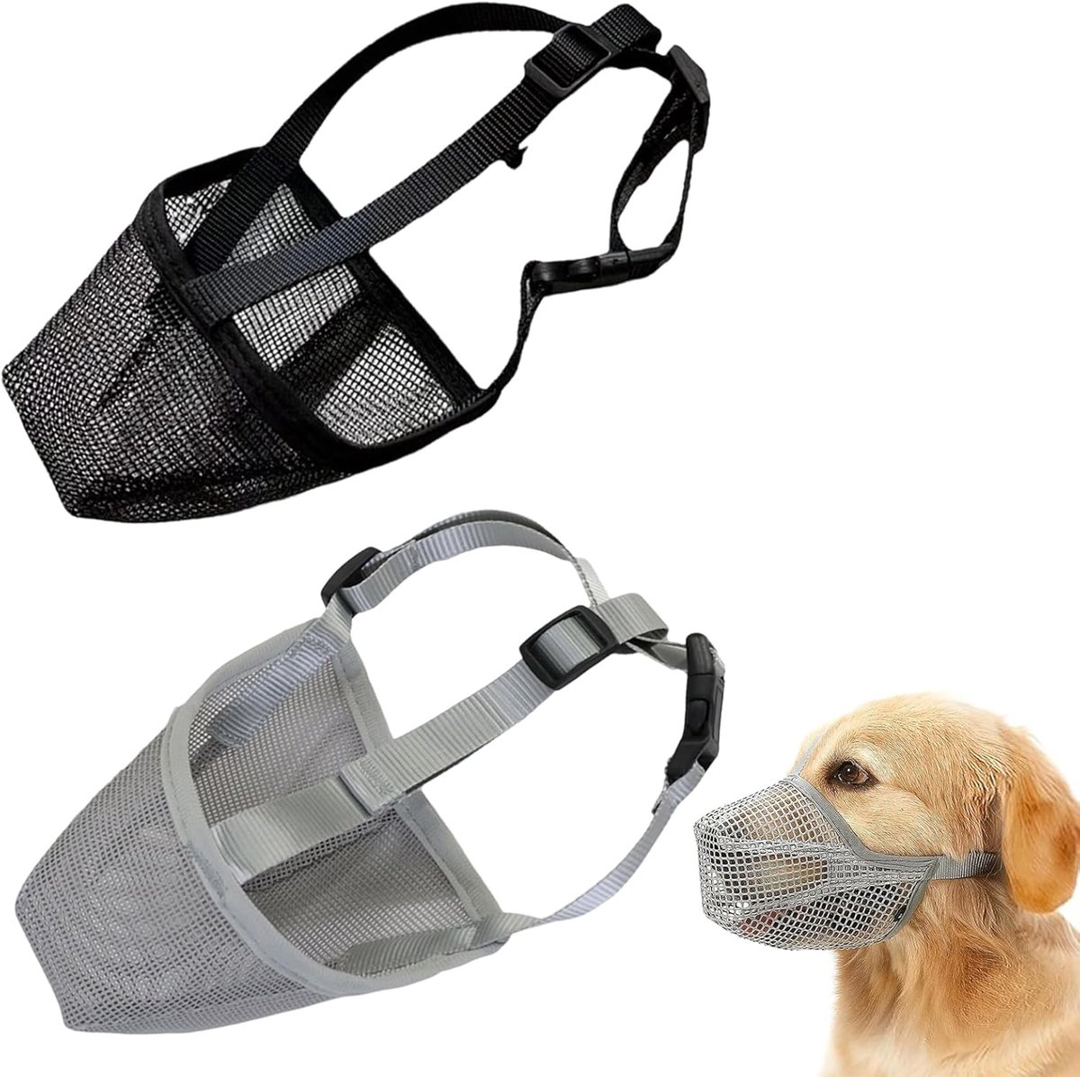 2 stuks muilkorf voor honden, middelgrote honden, muilkorf voor honden, ademend, verstelbaar, voorkomt bijten, wenden, training voor kleine en middelgrote honden (zwart, grijs, M)