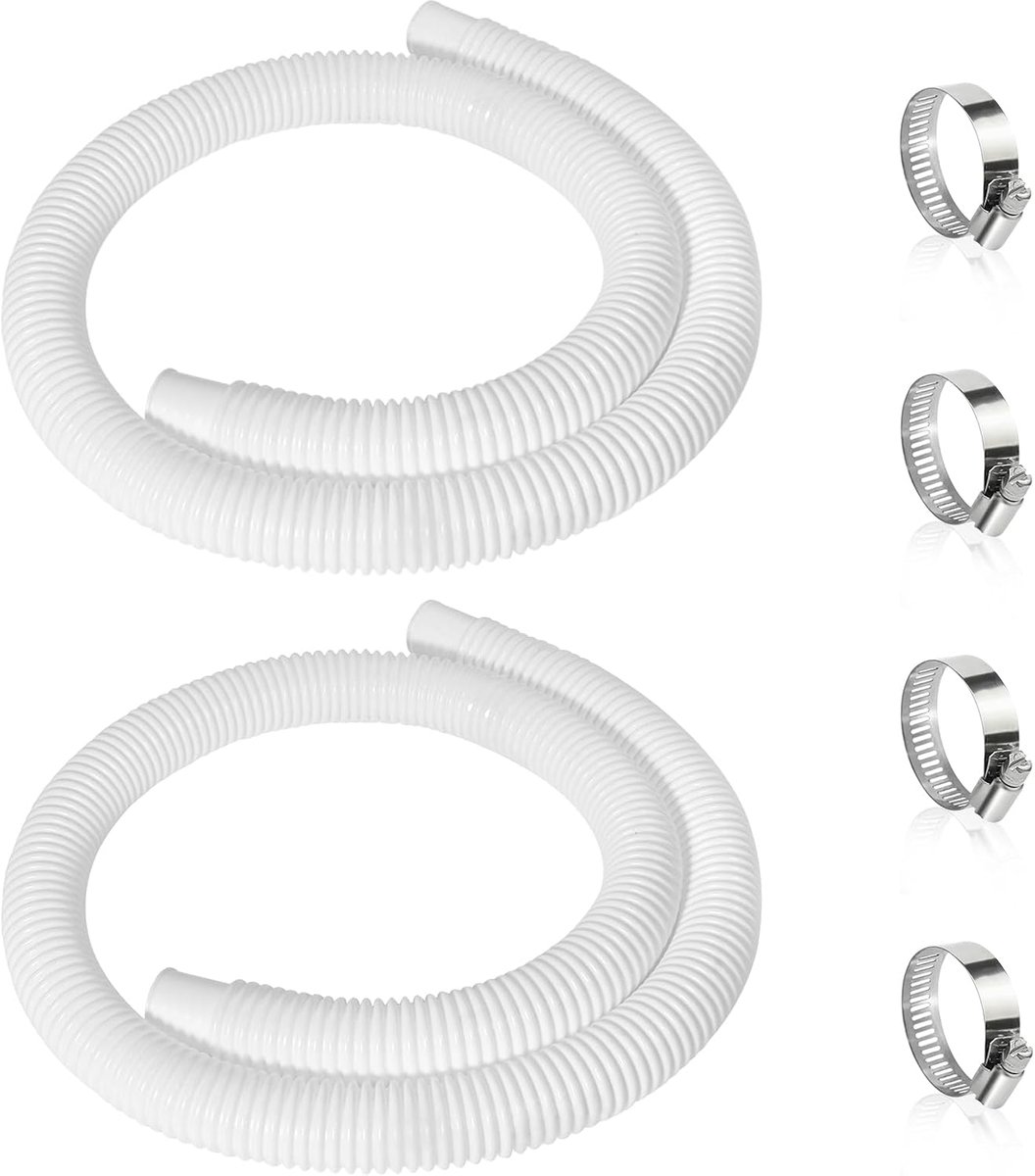 Zwembadslang, 2 stuks, 32 mm, voor zwembadpompen, 150 cm, wit, uv- en chloorwaterbestendige pompslang, flexibele slang voor zwembadpomp, slang zwembad met 4 stuks veiligheidsclips