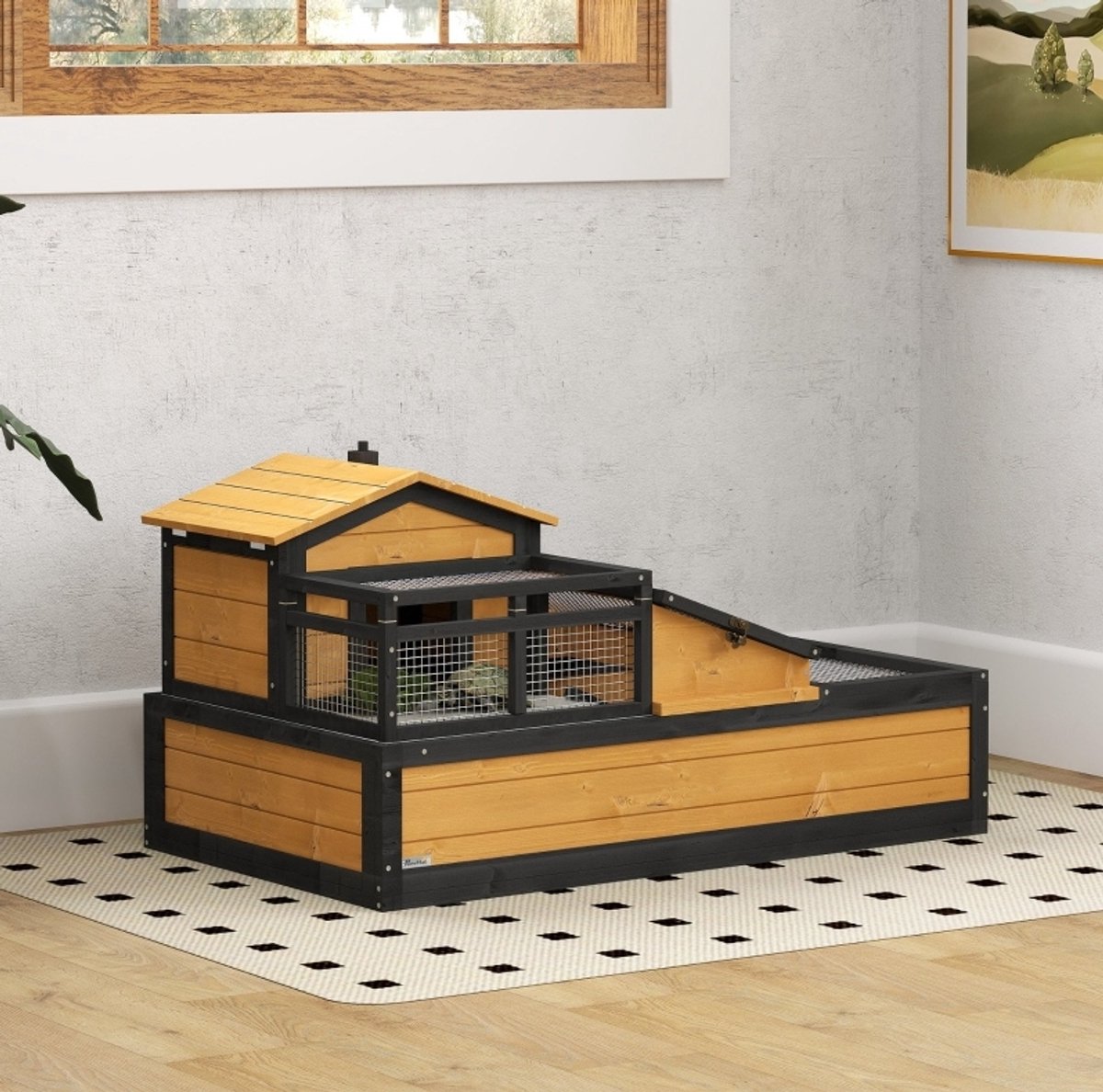 REDOM- Schildkrötengehege - 2 niveaus met drie aparte ruimtes - Openklapbaar dak en uitschuifbare lade - Hout en metaal - Binnen en buiten - Geel - 112 x 65 x 60 cm