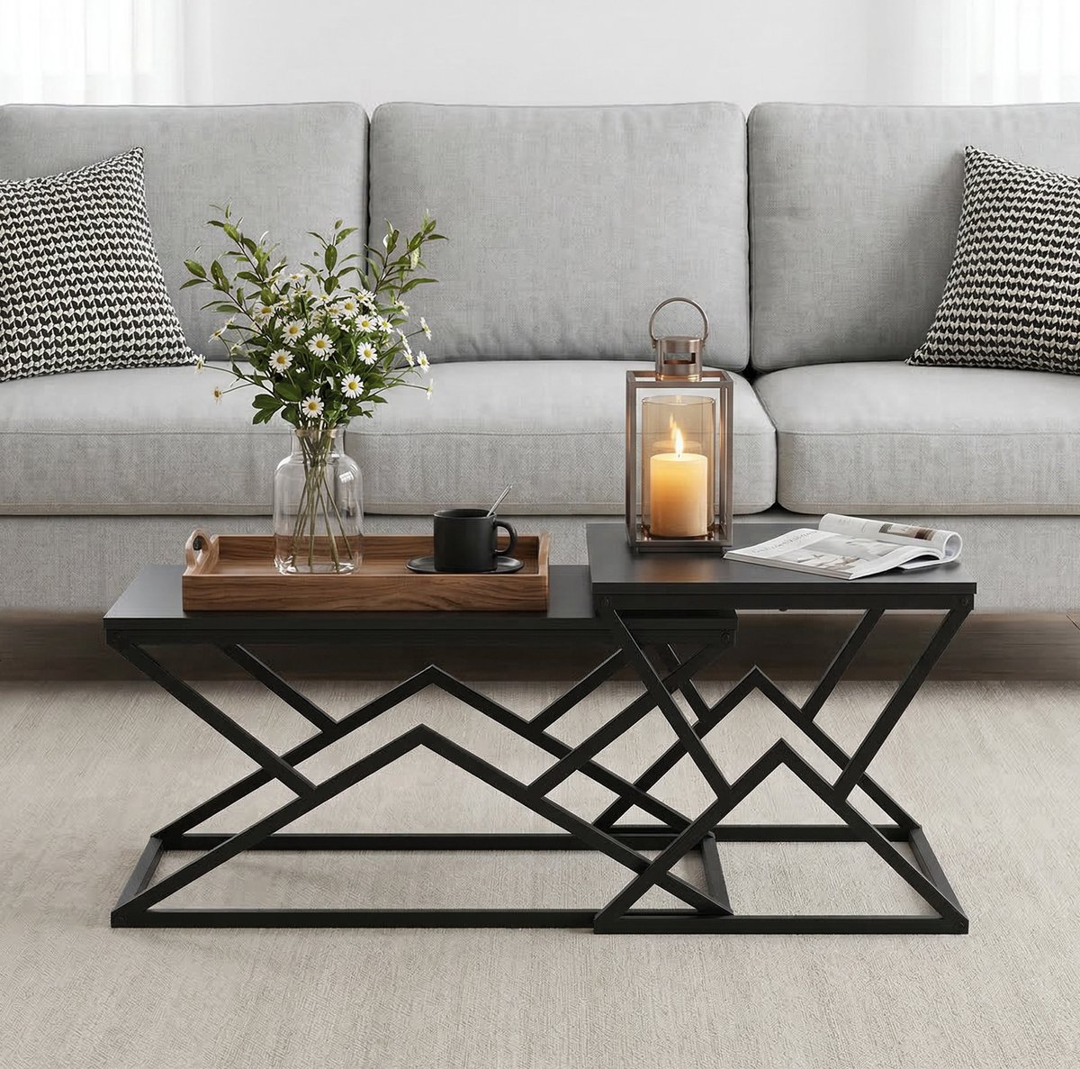 REDOM - Salontafel - Geometrisch ontwerp - X-poot metalen frame - Industrieel - Woonkamer - Spaanplaat en metaal - Zwart - 80 x 50 x 40 cm