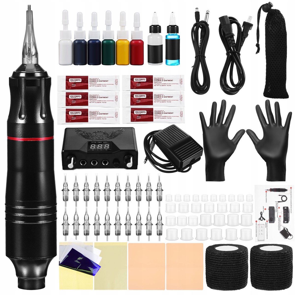 1 Set Draadloze Tattoo Pen Set – Complete Rotary Tattoo Machine Kit voor Beginners – 6 Inktkleuren, Naalden & Accessoires – Lichtgewicht & Ergonomisch