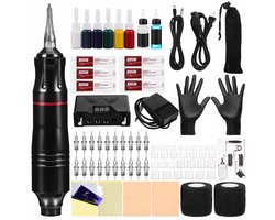 1 Set Draadloze Tattoo Pen Set – Complete Rotary Tattoo Machine Kit voor Beginners – 6 Inktkleuren, Naalden & Accessoires – Lichtgewicht & Ergonomisch