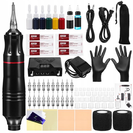 Complete zwarte draadloze tattoo pen set met inkt, naalden, handschoenen, voeding en meer.