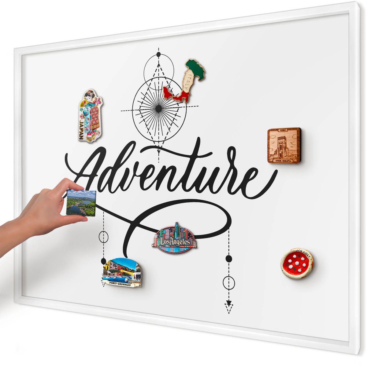 Artprintcave Wit Magneetbord mit Witte Lijst - 100x70 cm - Typografisch Avontuur Memobord Keuken - Typografisch Magneetbord Voor Foto's - Teksten