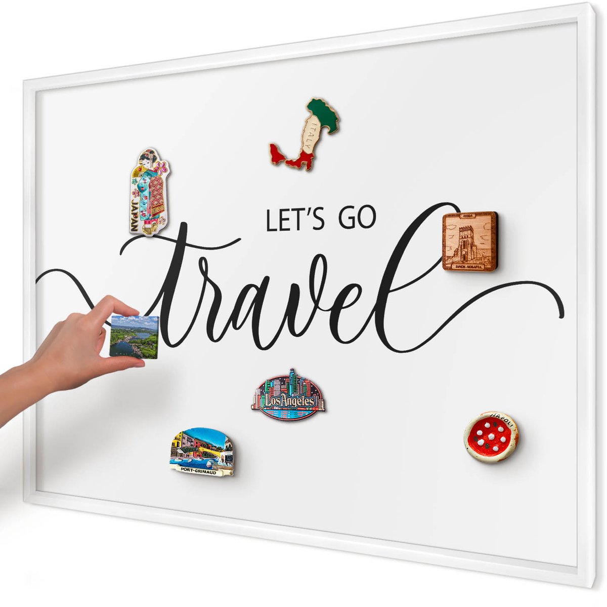 Artprintcave Zwart Magneetbord mit Witte Lijst - 100x70 cm - Laten We Samen Op Reis Gaan Magneetbord Voor Keuken - Typografisch Magneet Bord mit Frame - Teksten