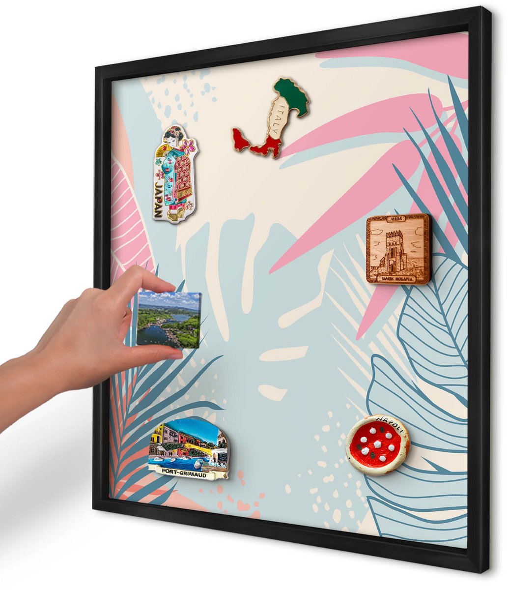 Artprintcave Romig Magneetbord mit Zwart Frame - 50x50 cm - Tropische Abstractie Bord Voor Magneten - Abstract Magneetbord Voor Keuken - Bloemen En Planten
