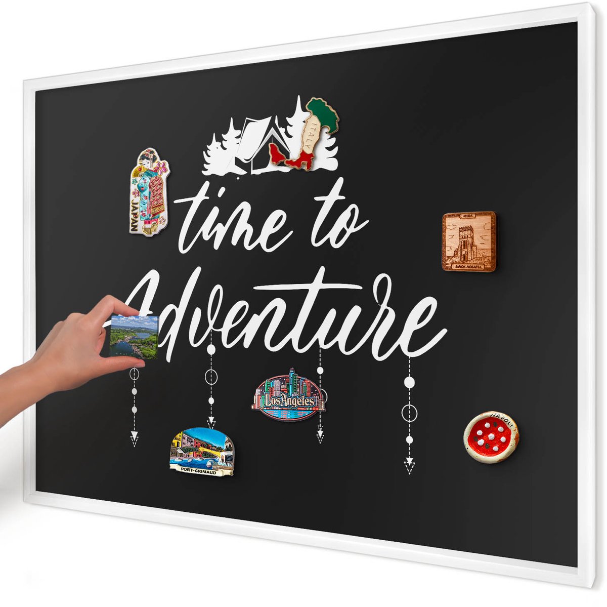 Artprintcave Zwart Magneetbord mit Witte Lijst - 100x70 cm - Avontuur Wacht. Magneet Bord mit Frame - Modern Magnetisch Bord Voor Magneten - Teksten