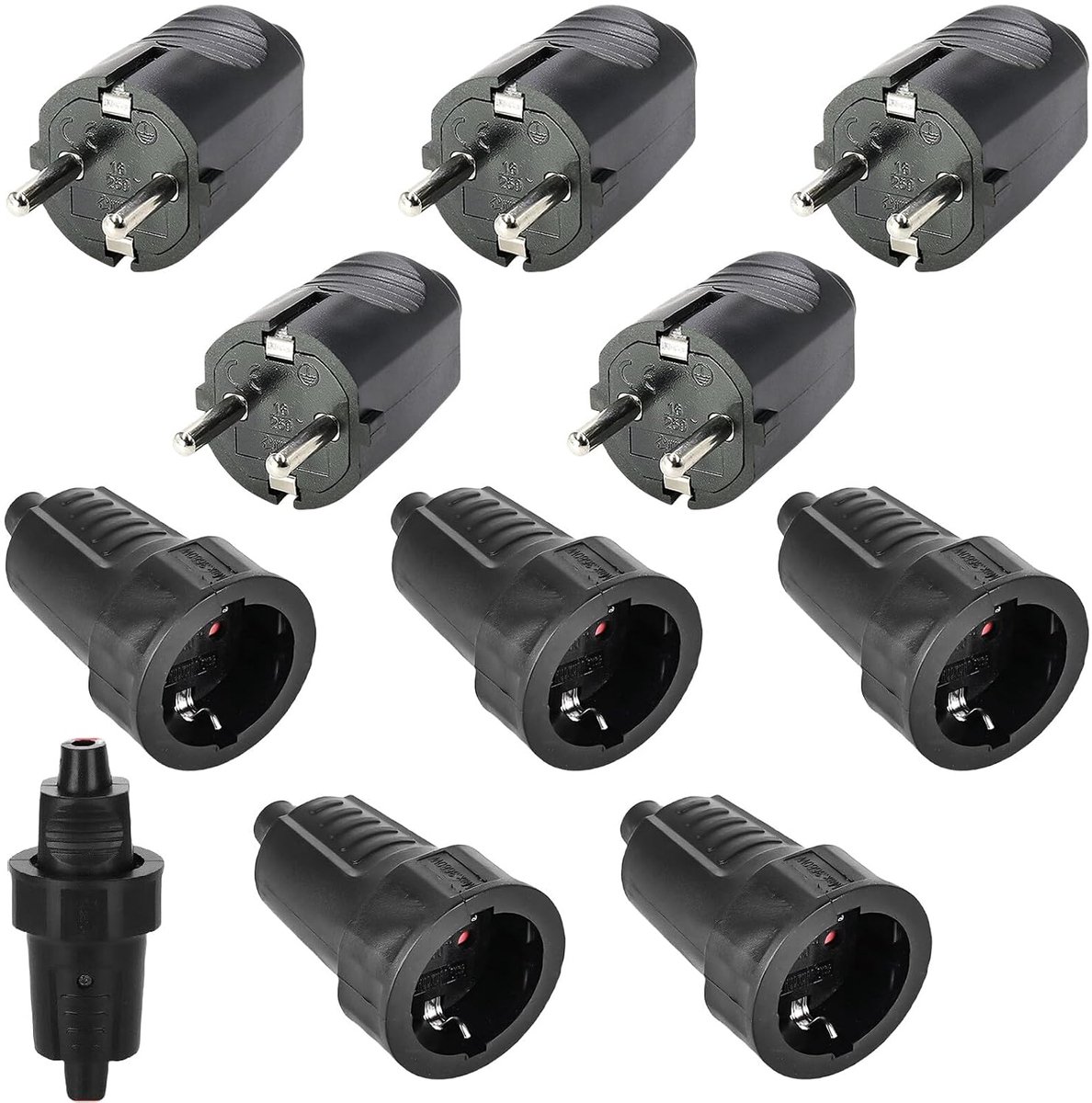5 paar Schuko stekkerkoppeling: 250 V 16 A IP54 geaarde stekker, rubberen geaarde koppelingsset, 2-polig buiten, waterdicht, zwart, geaarde stekker en rubberen koppeling zonder kabel