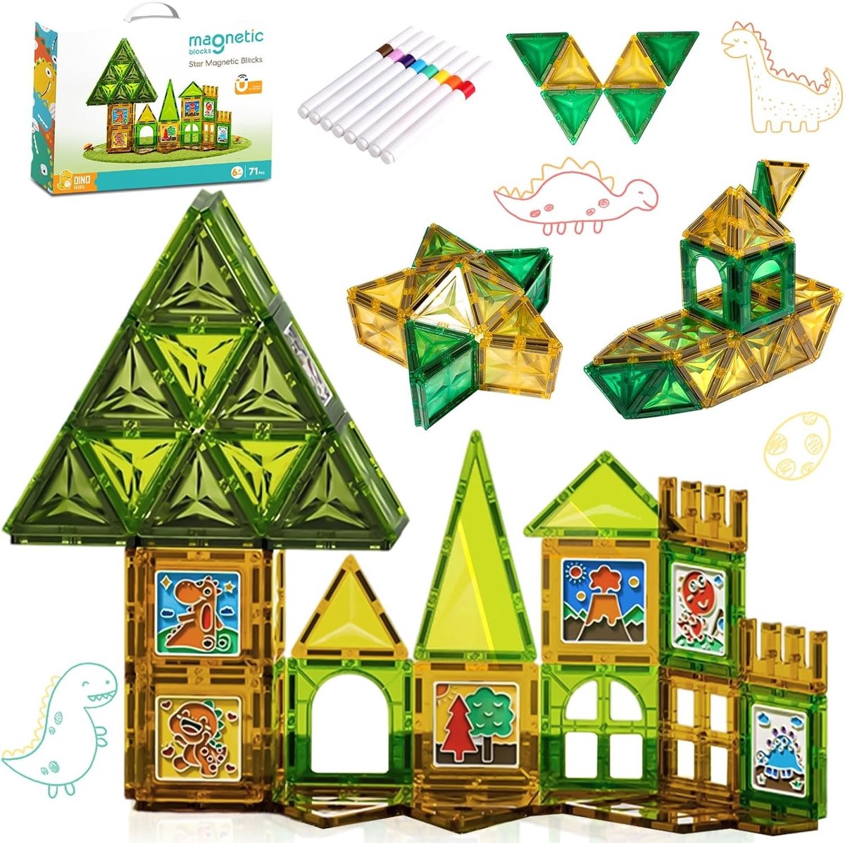 Creatieve Magnetische Bouwstenen Set met 71 Stukken, Tekenpennen en Dinosaurus Thema - Educatief Speelgoed voor Kinderen vanaf 3 Jaar, Ontwikkeling van Motorische Vaardigheden en Creativiteit