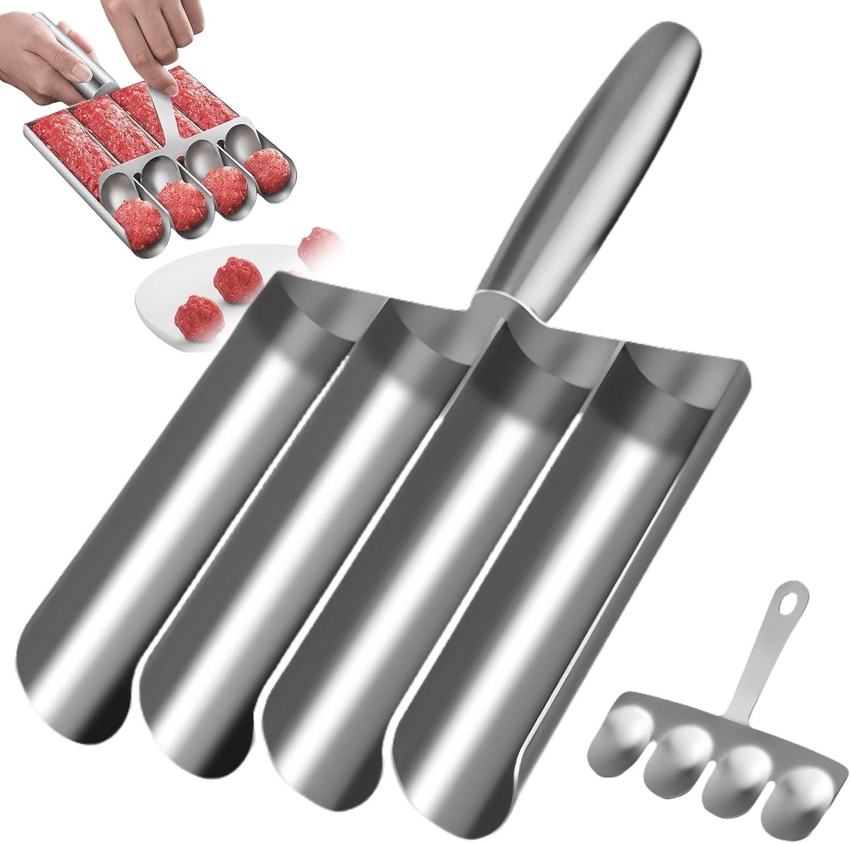 Vleesballetvorm, viervoudige buizen, keukenvleesballenmaker met snijspaten, roestvrij staal vleesballetjesmaker, metalen gehaktjesvormer, gehaktjesmachine voor de keuken voor snel koken