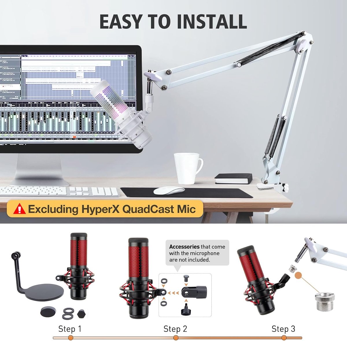HyperX QuadCast S Microfoonarm - Wit Microfoonarm compatibel met