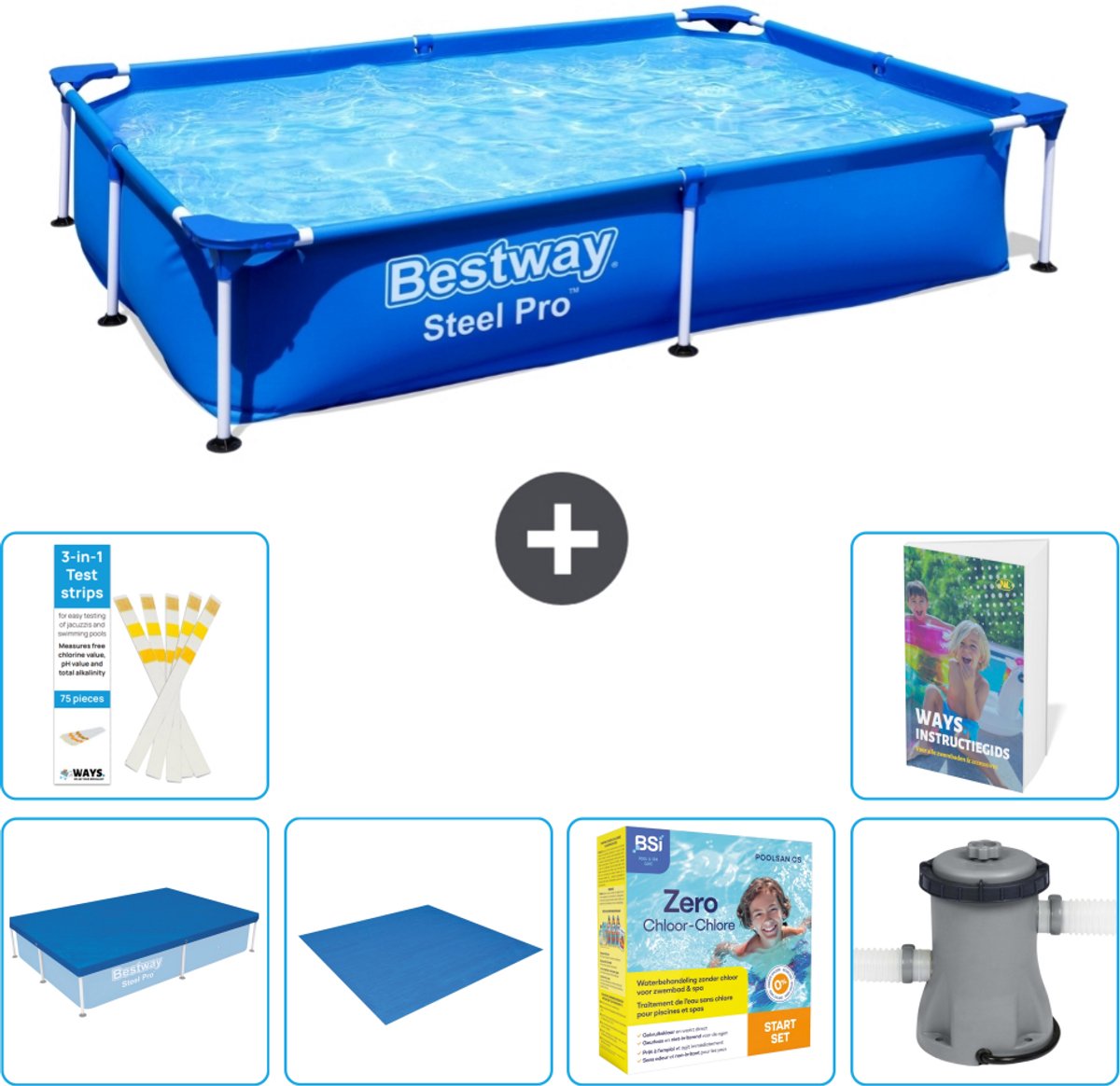 Bestway Rechthoekig Steel Pro Zwembad - 221 x 150 x 43 cm - Blauw - Inclusief Afdekzeil - Grondzeil - Onderhoudspakket - Zwembadfilterpomp - 7-delig