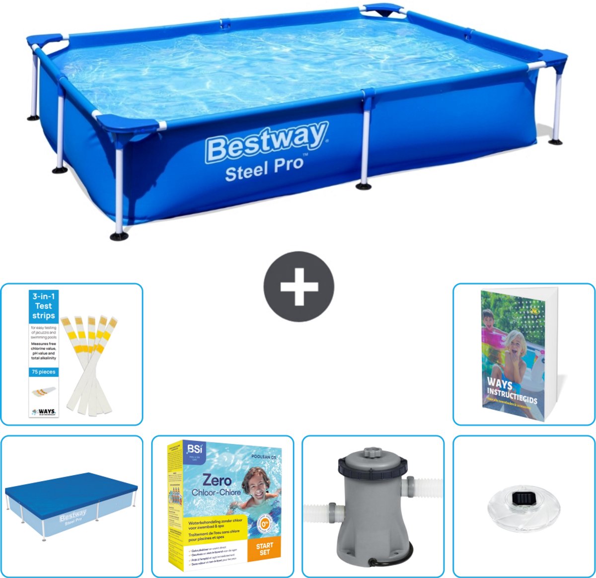 Bestway Rechthoekig Steel Pro Zwembad - 221 x 150 x 43 cm - Blauw - Inclusief Afdekzeil - Onderhoudspakket - Zwembadfilterpomp - Verlichting - 7-delig