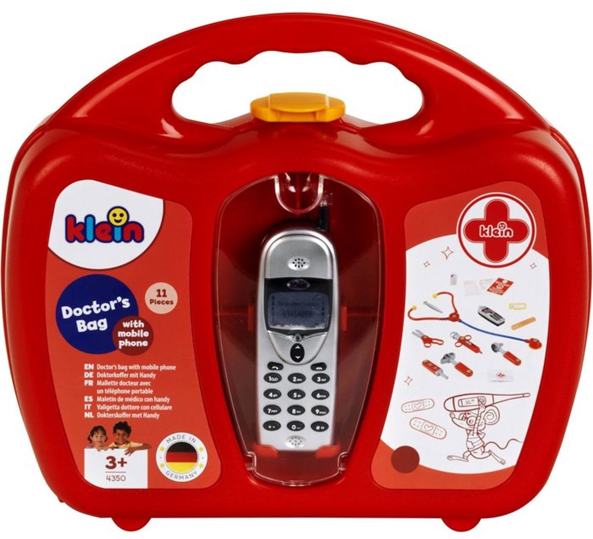 Klein Toys dokterskoffer met mobiele telefoon - stethoscoop, thermometer, reflexhamer, injectiespuit, pincet, oorspiegel, schaar, verpleegsterskapje, naamplaatje, pleisters - multicolor — afbeelding 16