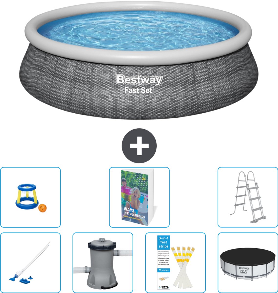 Bestway Rond Opblaasbaar Fast Set Zwembad - Rotanprint - 457 x 107 cm - Inclusief Pomp - Ladder - Afdekzeil - Speelgoed - Stofzuiger - 8-delig