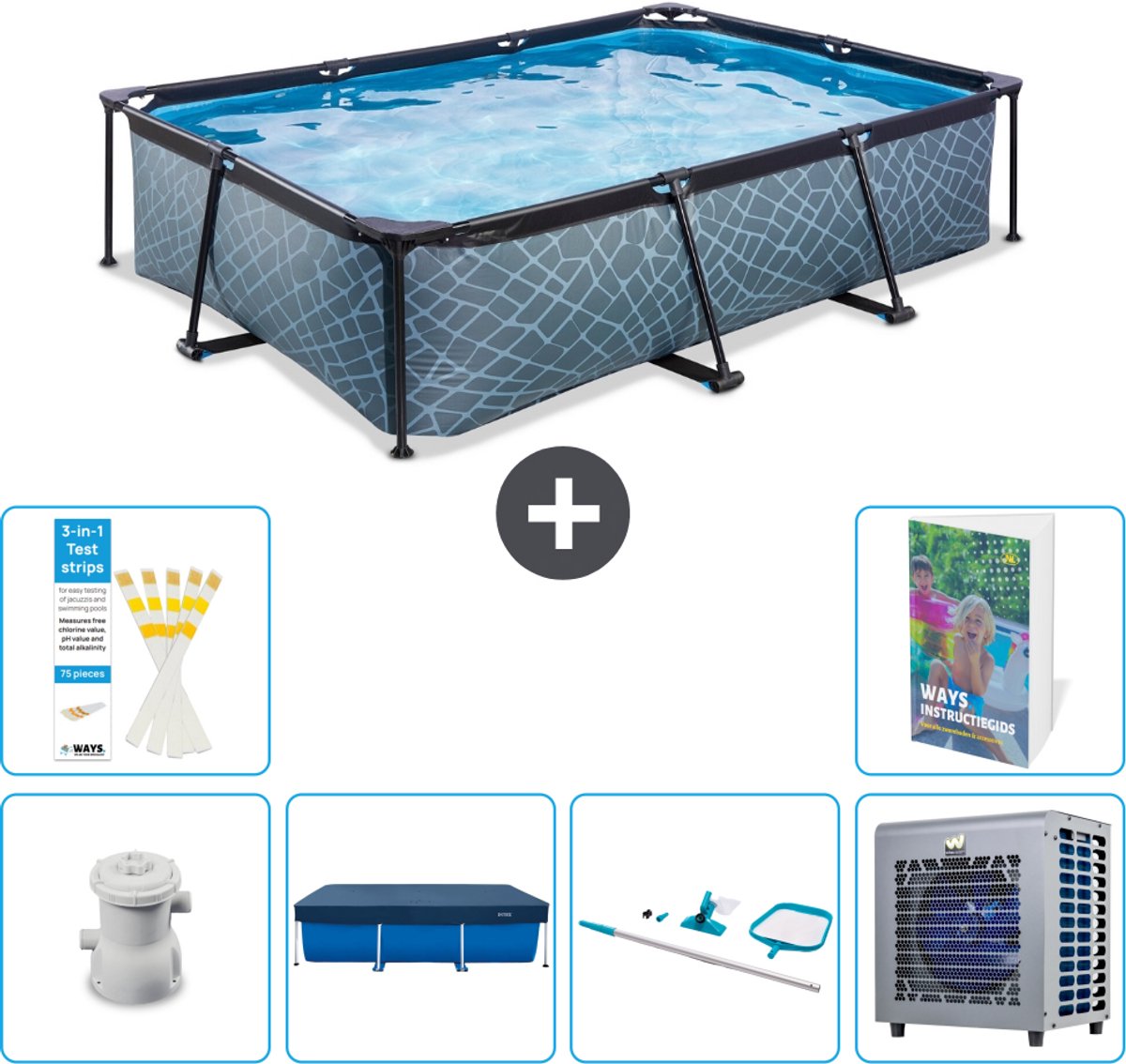 EXIT Rechthoekig Stone Frame Zwembad - 300 x 200 x 65 cm - Inclusief Pomp - Afdekzeil - Schoonmaakset - Warmtepomp - 7-delig