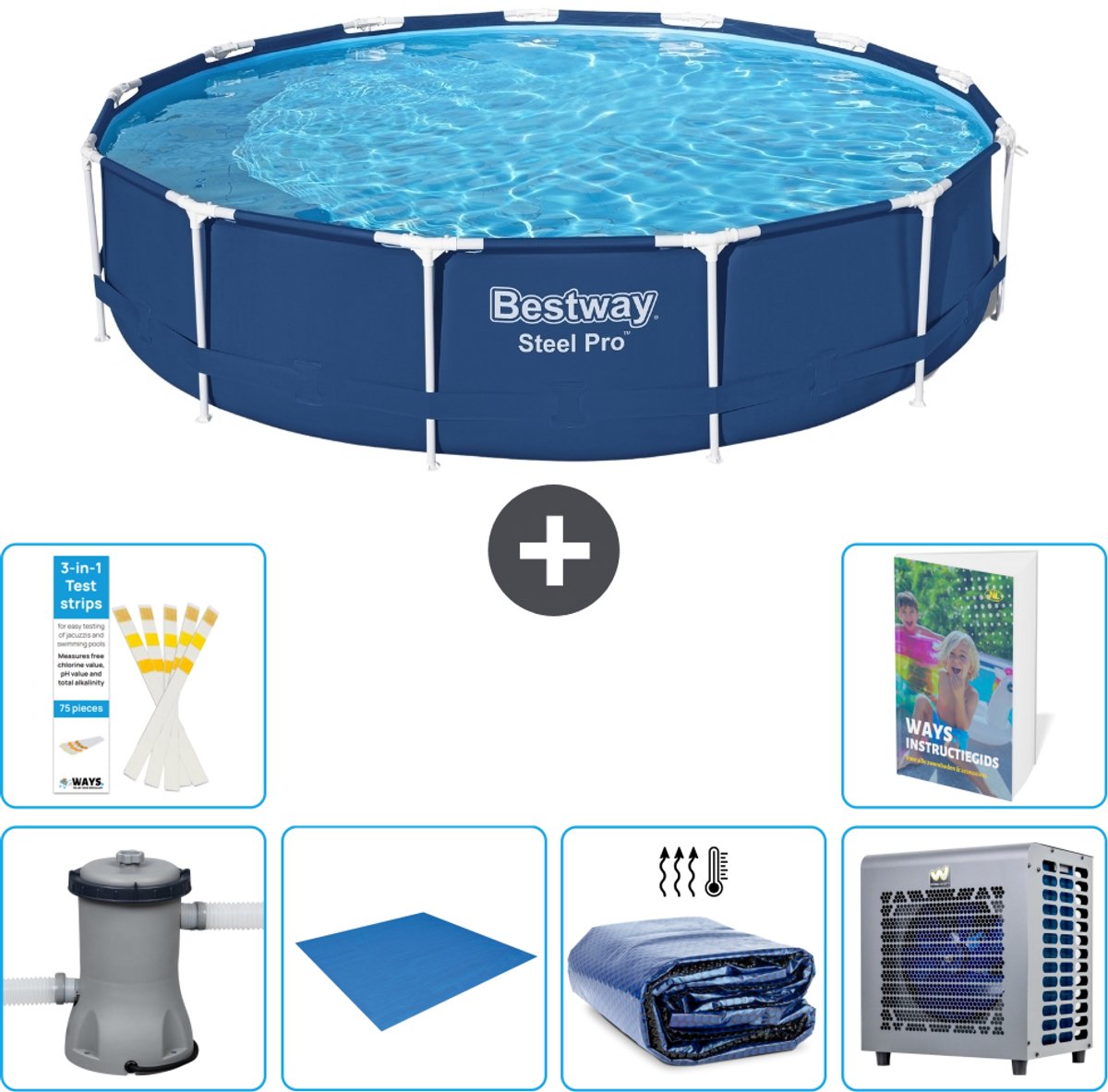 Bestway Rond Steel Pro Zwembad - 396 x 84 cm - Blauw - Inclusief Pomp - Grondzeil - Solarzeil - Warmtepomp - 7-delig