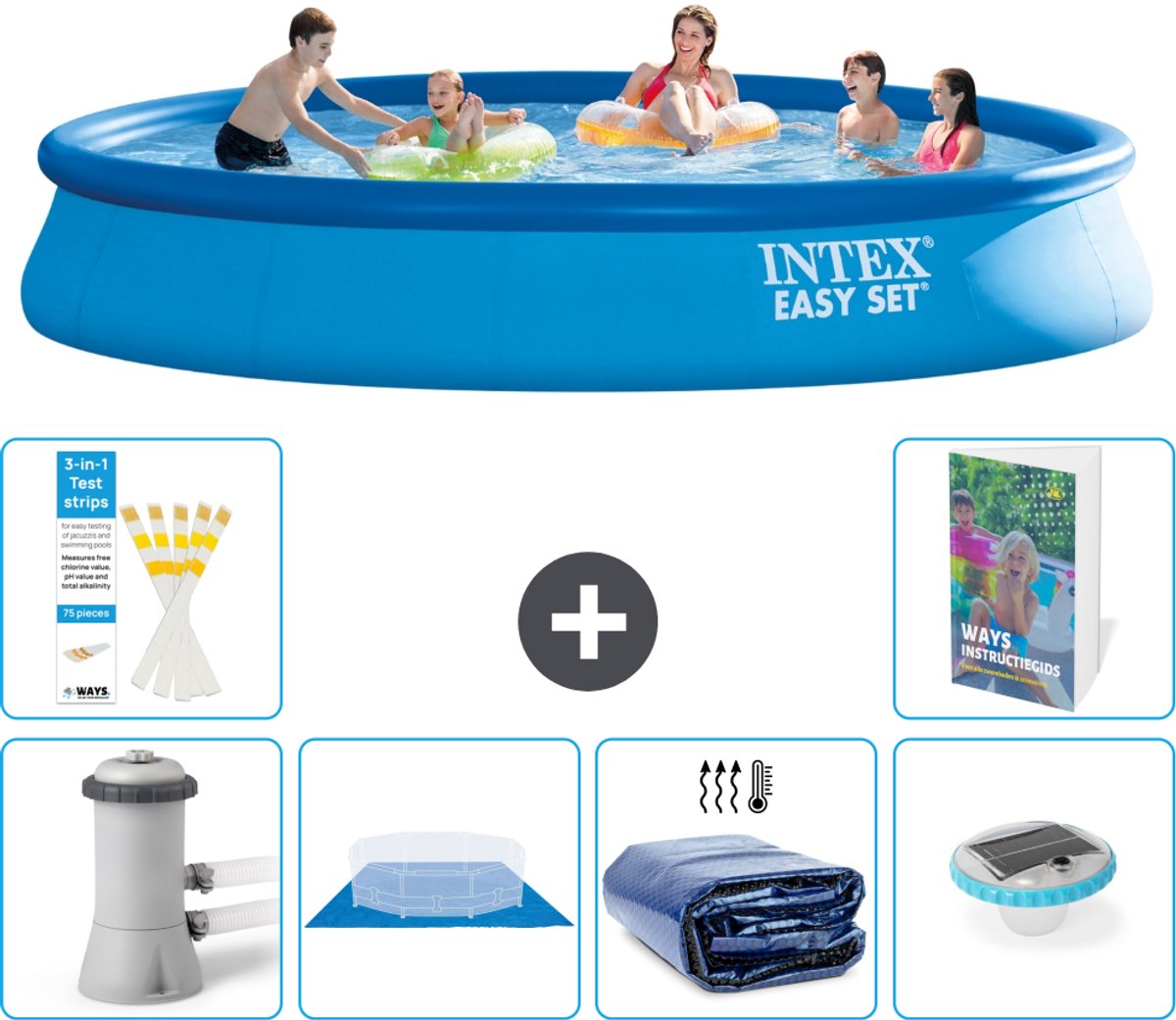 Intex Rond Opblaasbaar Easy Set Zwembad - 457 x 84 cm - Blauw - Inclusief Pomp - Grondzeil - Solarzeil - Verlichting - 7-delig