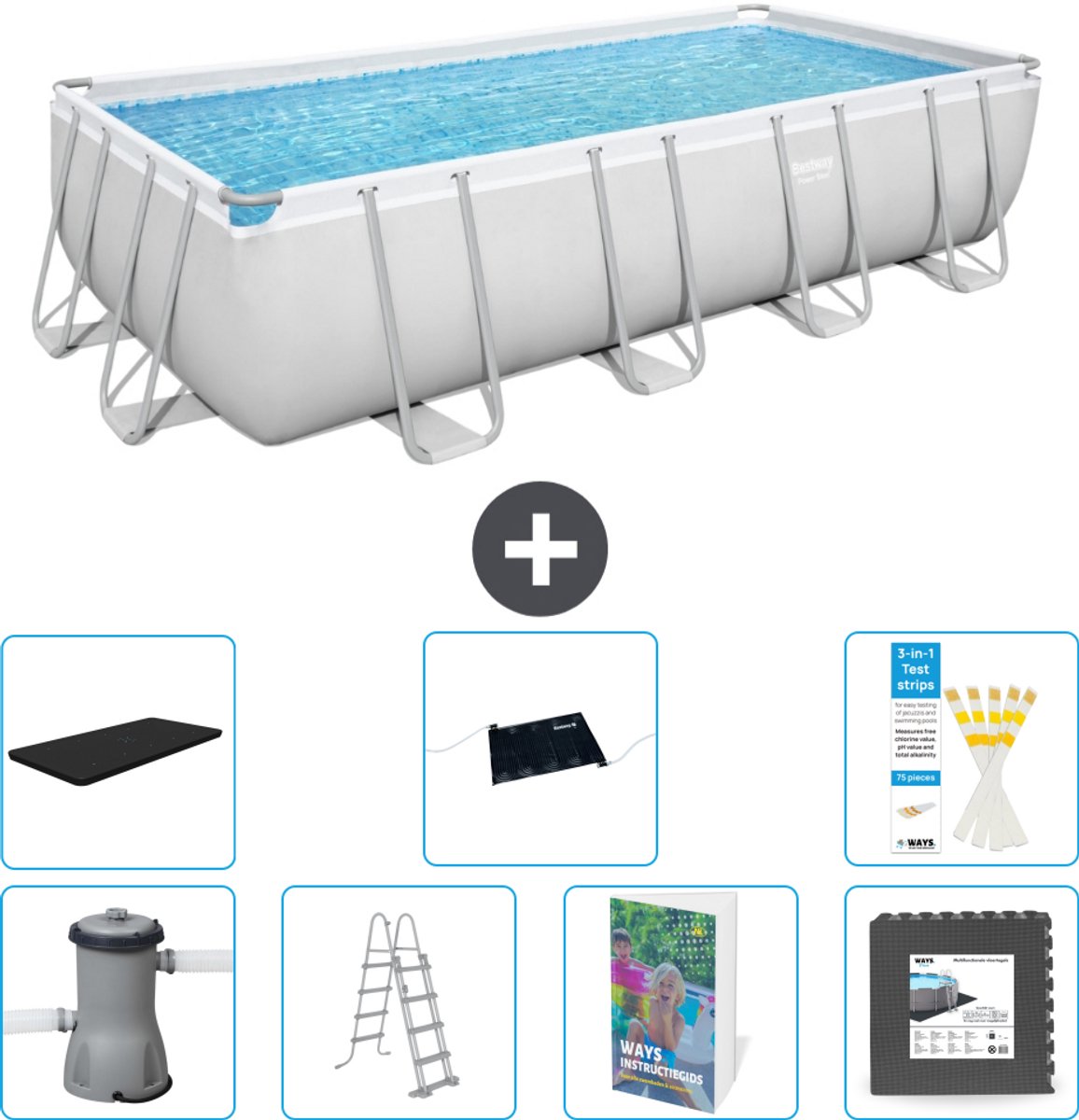 Bestway Rechthoekig Power Steel Zwembad - 488 x 244 x 122 - Grijs Inclusief Pomp - Ladder - Afdekzeil - Solar Mat - Vloertegels - 8-delig