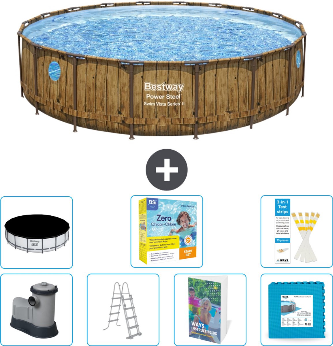 Bestway Rond Power Steel Swim Vista Zwembad - Houtprint - 549 x 122 - Inclusief Pomp - Ladder - Afdekzeil - Onderhoudspakket - Vloertegels - 8-delig