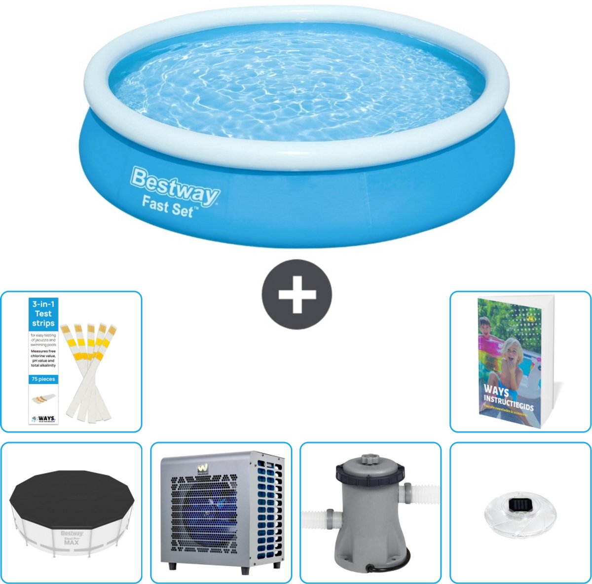 Bestway Rond Opblaasbaar Fast Set Zwembad - 366 x 76 cm - Blauw - Inclusief Afdekzeil - Warmtepomp - Zwembadfilterpomp - Verlichting - 7-delig
