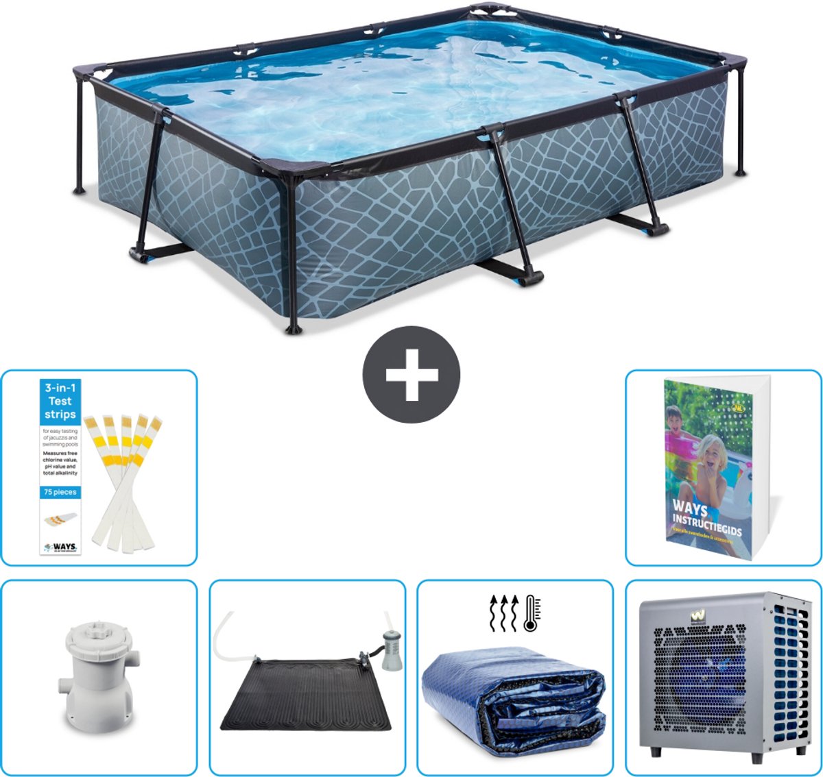 EXIT Rechthoekig Stone Frame Zwembad - 300 x 200 x 65 cm - Inclusief Pomp - Solar Mat - Solarzeil - Warmtepomp - 7-delig