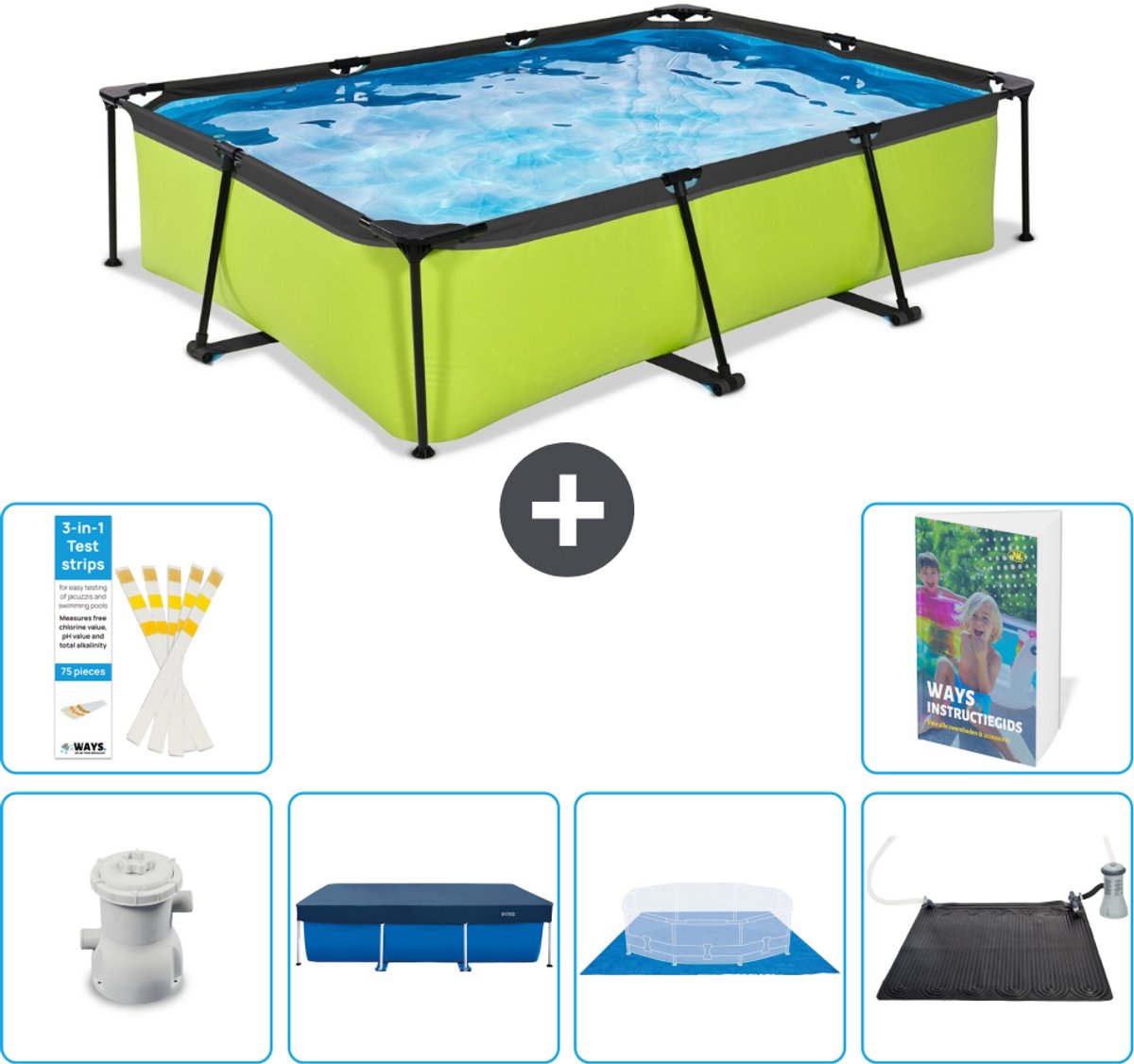 EXIT Rechthoekig Lime Frame Zwembad - 300 x 200 x 65 cm - Inclusief Pomp - Afdekzeil - Grondzeil - Solar Mat - 7-delig