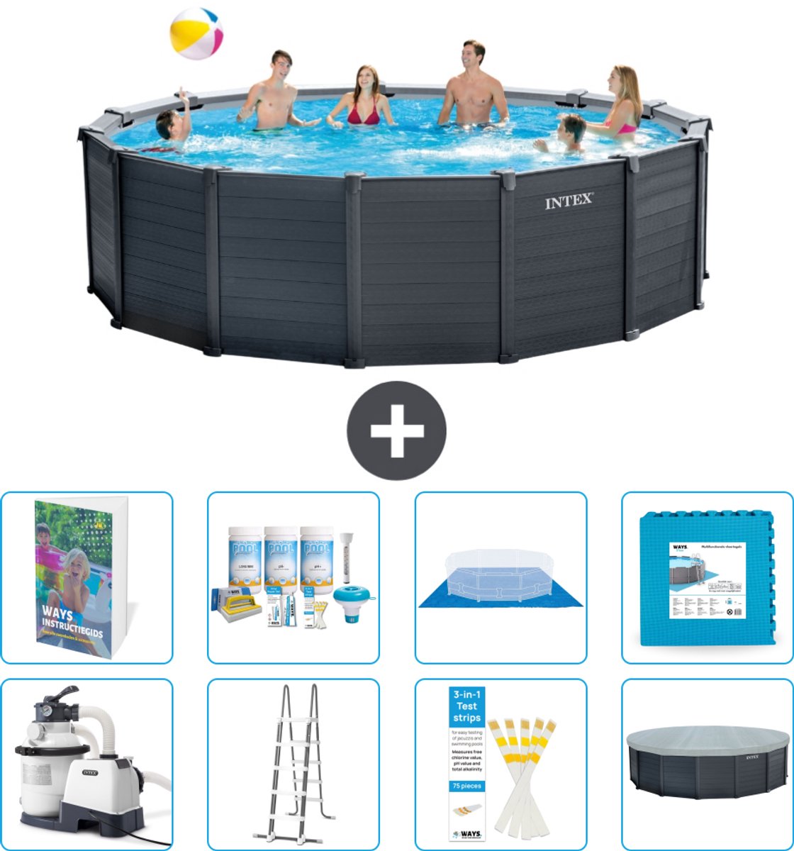 Intex Rond Graphite Gray Panel Zwembad - 478 x 124 cm - Inclusief Pomp - Ladder - Grondzeil - Afdekzeil - Onderhoudspakket - Vloertegels - 9-delig