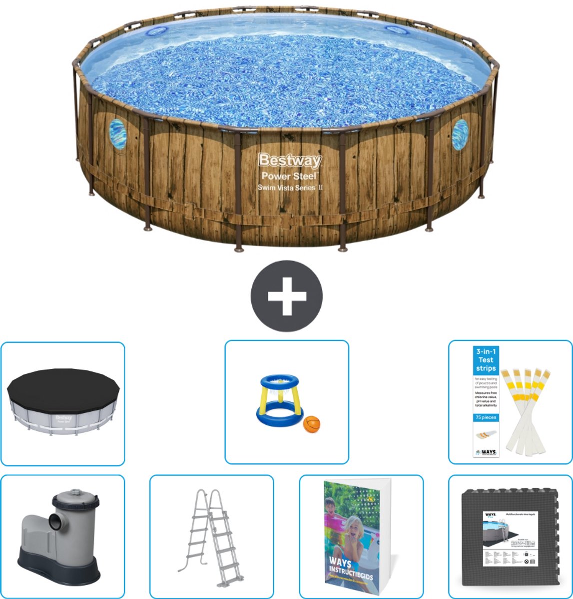 Bestway Rond Power Steel Swim Vista Zwembad - Houtprint - 488 x 122 - Inclusief Pomp - Ladder - Afdekzeil - Speelgoed - Vloertegels - 8-delig