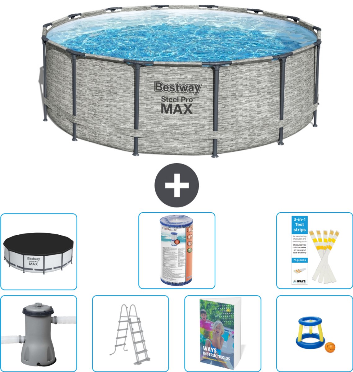 Bestway Rond Steel Pro MAX Zwembad - Steenprint - 427 x 122 cm - Inclusief Pomp - Ladder - Afdekzeil - Filter - Speelgoed - 8-delig