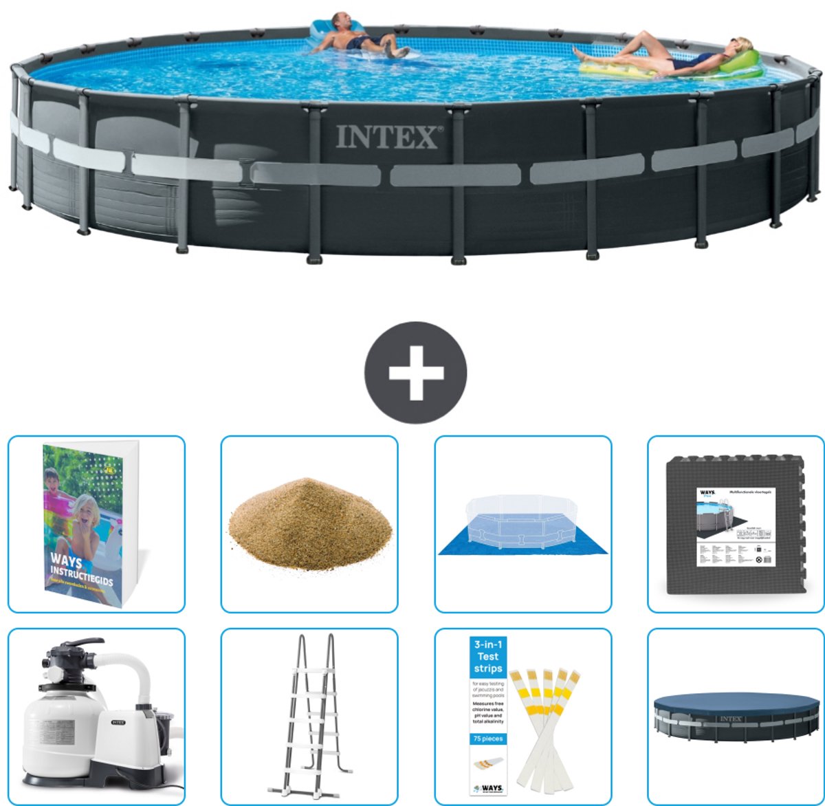 Intex Rond Ultra XTR Frame Zwembad - 732 x 132 cm - Inclusief Pomp - Ladder - Grondzeil - Afdekzeil - Filterzand - Vloertegels - 9-delig