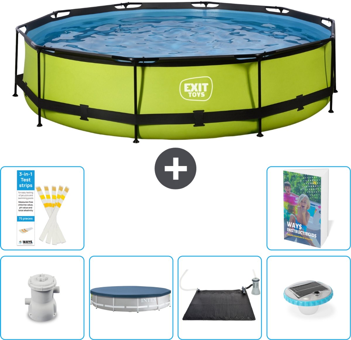 EXIT Rond Lime Frame Zwembad - 360 x 76 cm - Inclusief Pomp - Afdekzeil - Solar Mat - Verlichting - 7-delig