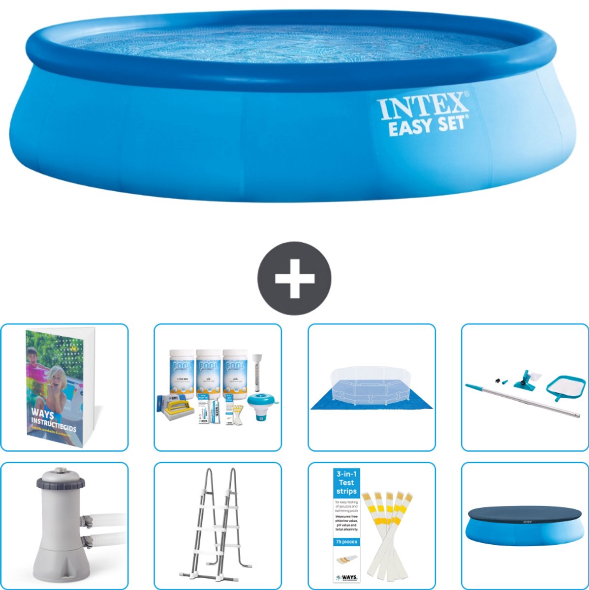 Intex Rond Opblaasbaar Easy Set Zwembad - 457 x 107 cm - Blauw - Inclusief Pomp - Ladder - Grondzeil - Afdekzeil - Onderhoudspakket - Schoonmaakset - 9-delig