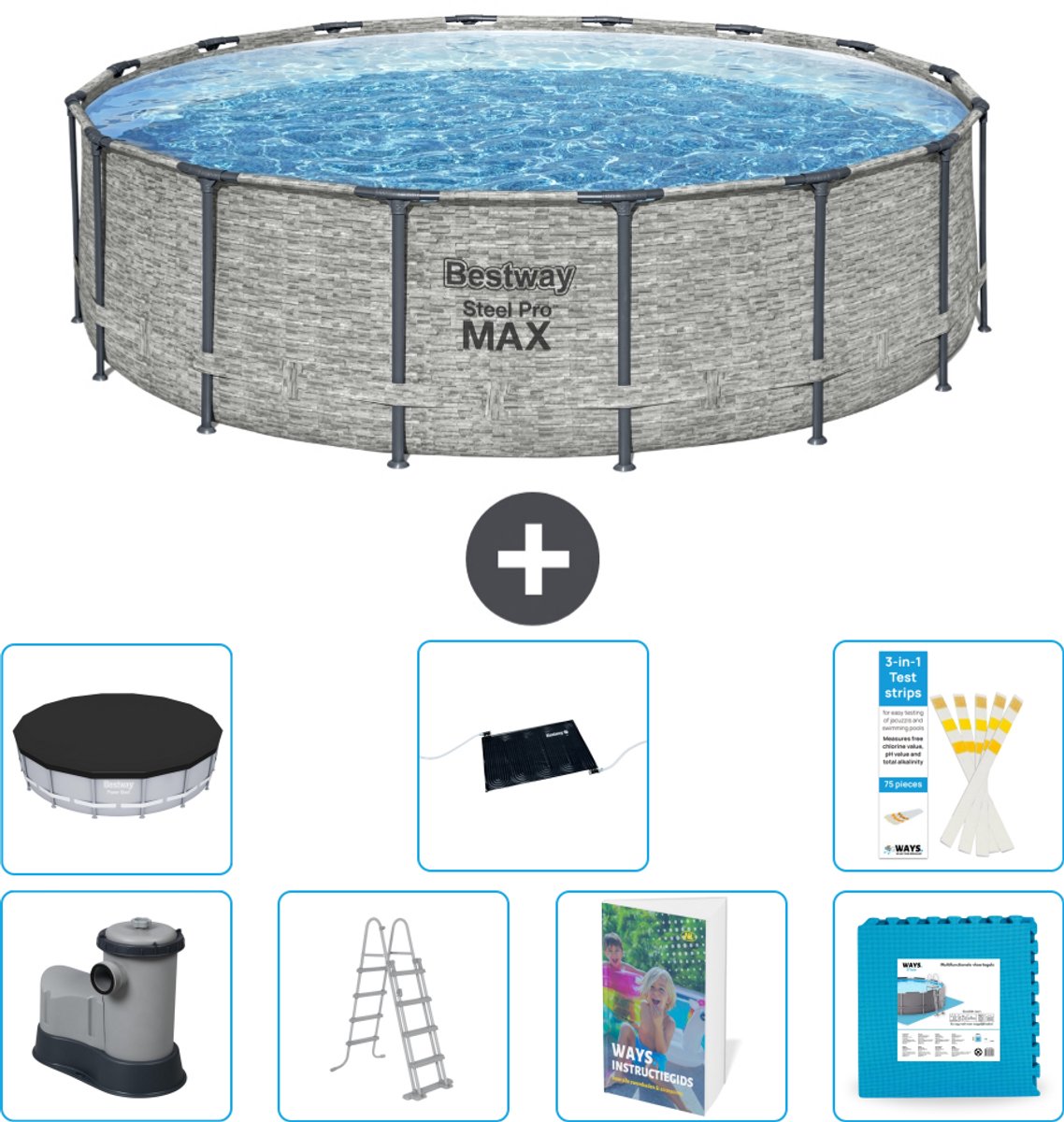 Bestway Rond Steel Pro MAX Zwembad - Steenprint - 488 x 122 cm - Inclusief Pomp - Ladder - Afdekzeil - Solar Mat - Vloertegels - 8-delig