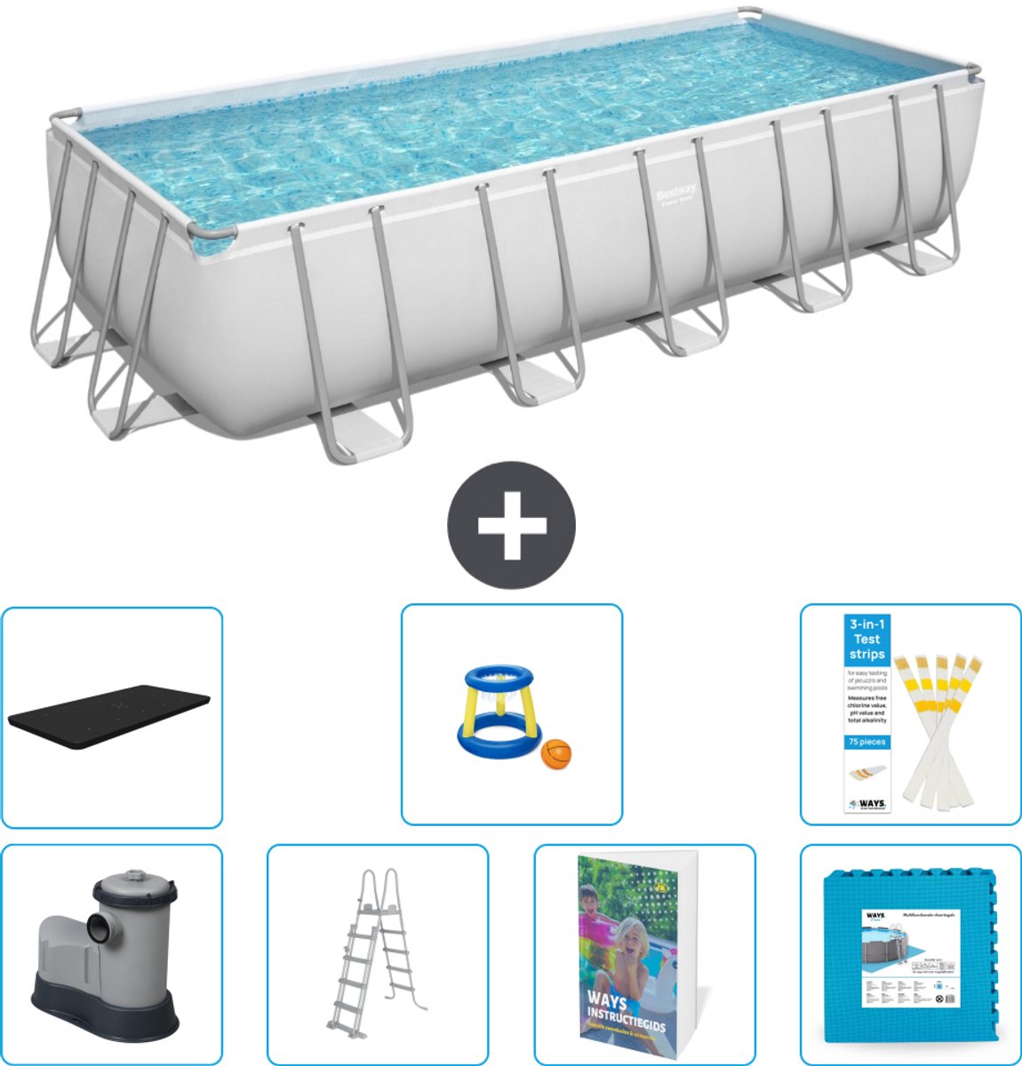 Bestway Rechthoekig Power Steel Zwembad - 640 x 274 x 132 - Grijs - Inclusief Pomp - Ladder - Afdekzeil - Speelgoed - Vloertegels - 8-delig