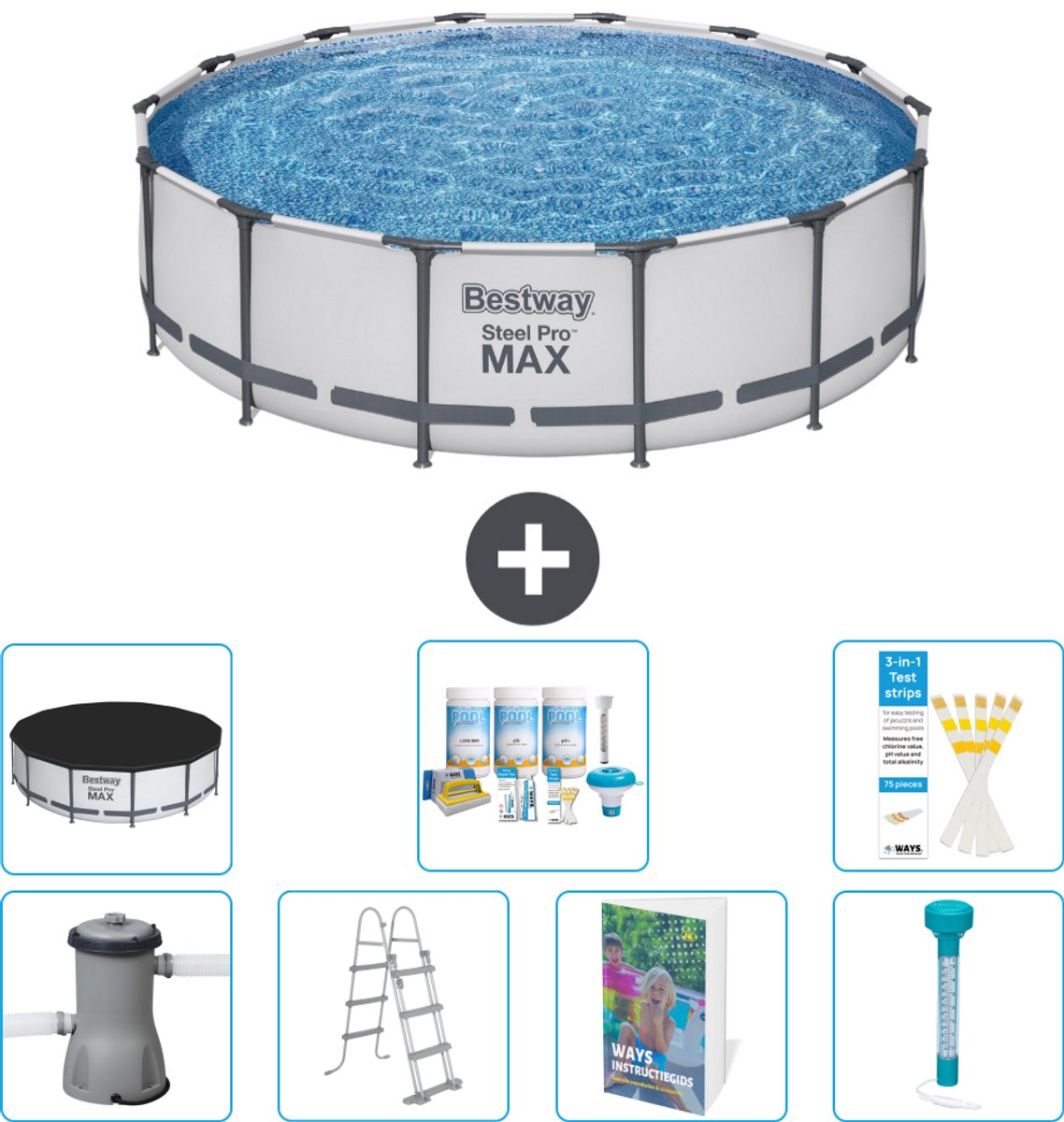 Bestway Rond Steel Pro MAX Zwembad - 427 x 107 cm - Grijs - Inclusief Pomp - Ladder - Afdekzeil - Onderhoudspakket - Thermometer - 8-delig