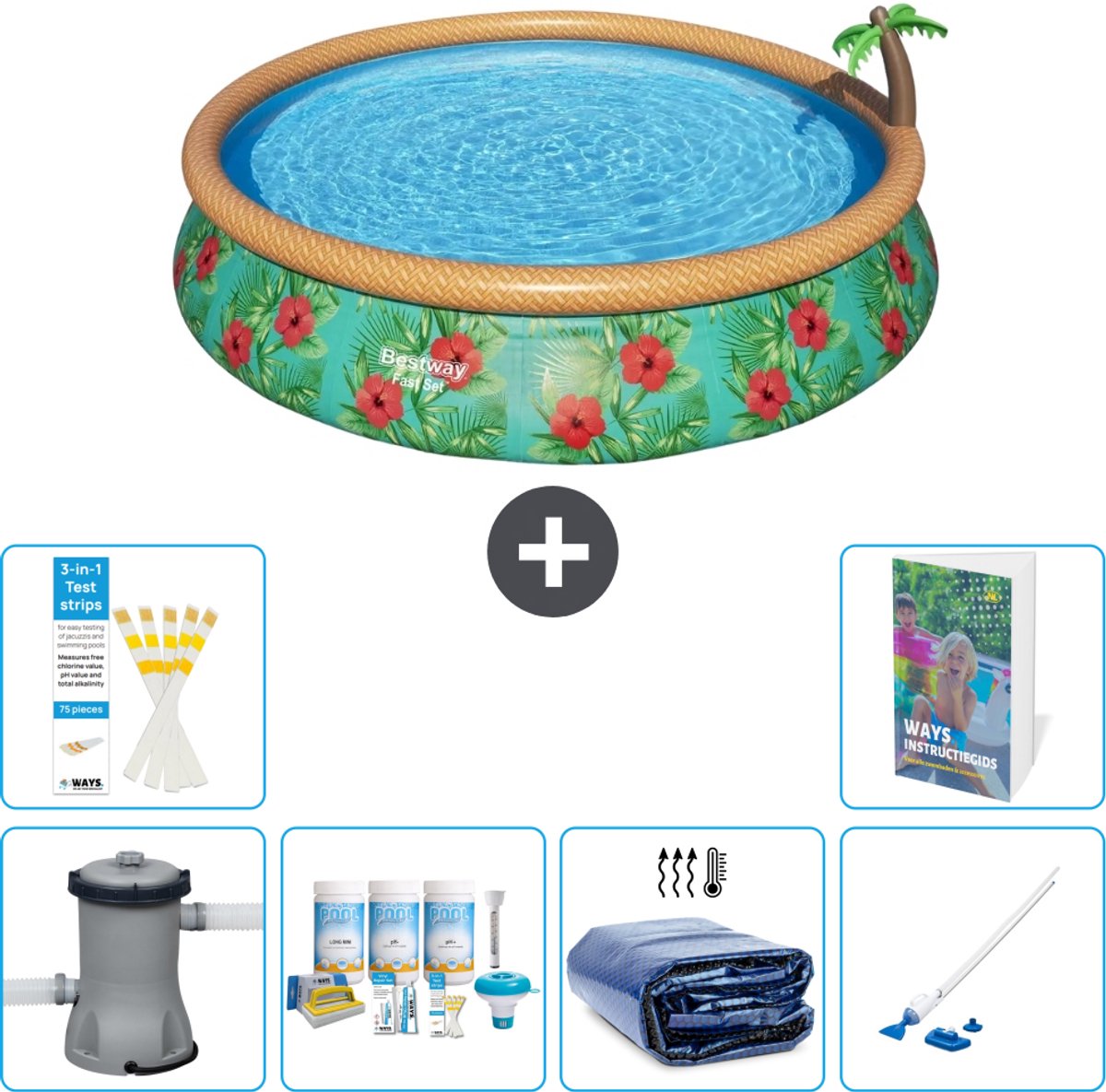 Bestway Rond Opblaasbaar Fast Set Zwembad - Paradijsprint - 457 x 84 cm - Inclusief Pomp - Onderhoudspakket - Solarzeil - Stofzuiger - 7-delig