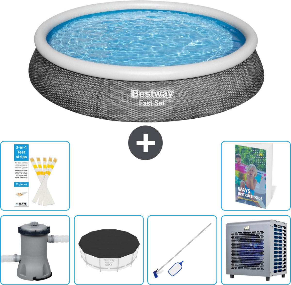 Bestway Rond Opblaasbaar Fast Set Zwembad - Rotanprint - 396 x 84 cm - Inclusief Pomp - Afdekzeil - Schoonmaakset - Warmtepomp - 7-delig