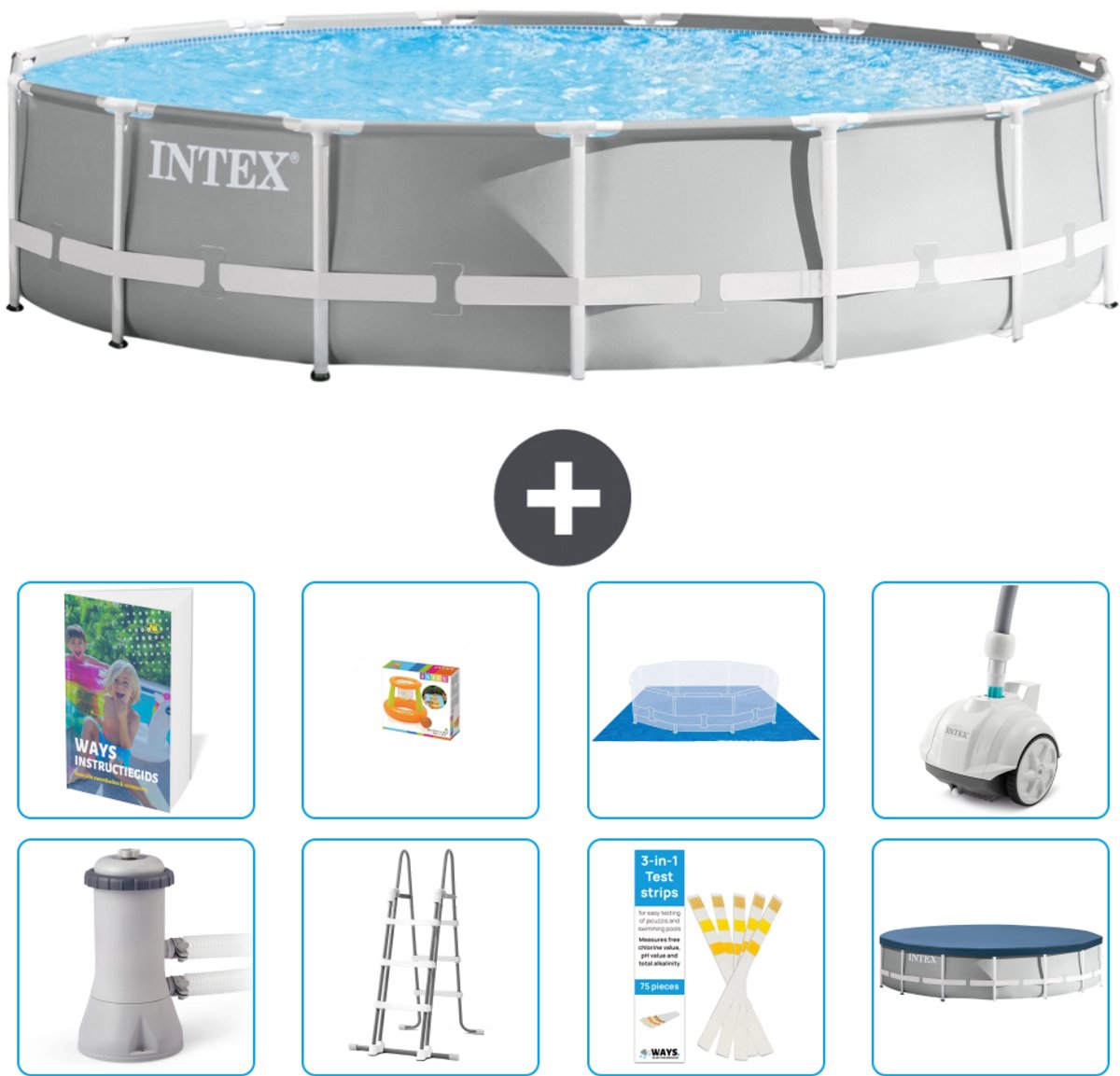 Intex Rond Prism Frame Zwembad - 457 x 107 cm - Grijs - Inclusief Pomp - Ladder - Grondzeil - Afdekzeil - Speelgoed - Stofzuiger - 9-delig
