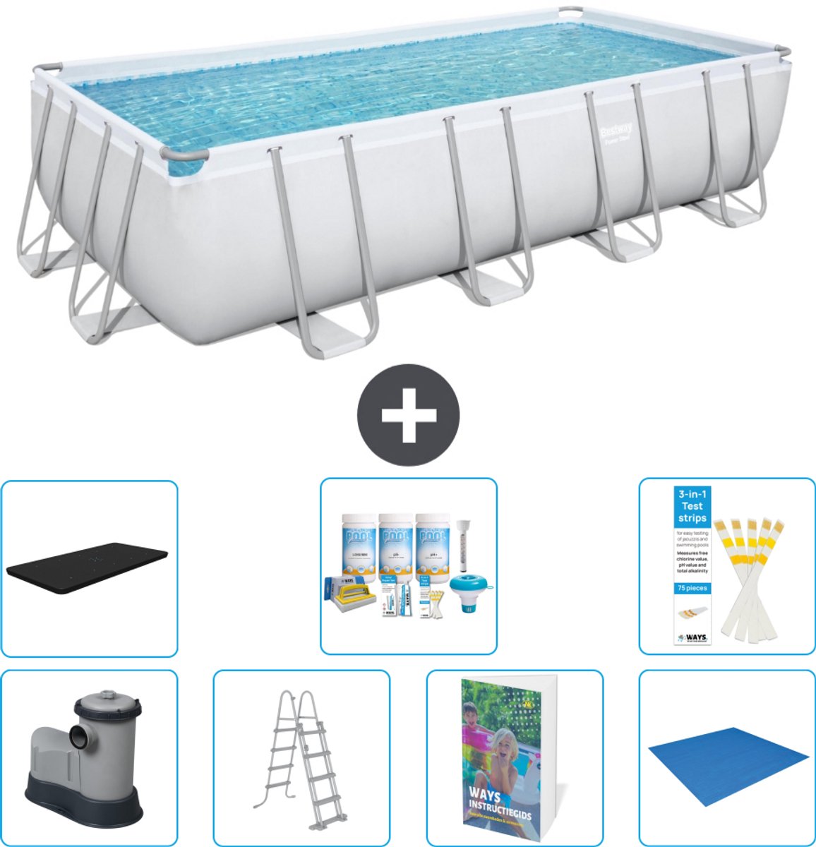 Bestway Rechthoekig Power Steel Zwembad - 549 x 274 x 122 - Grijs - Inclusief Pomp - Ladder - Afdekzeil - Onderhoudspakket - Grondzeil - 8-delig